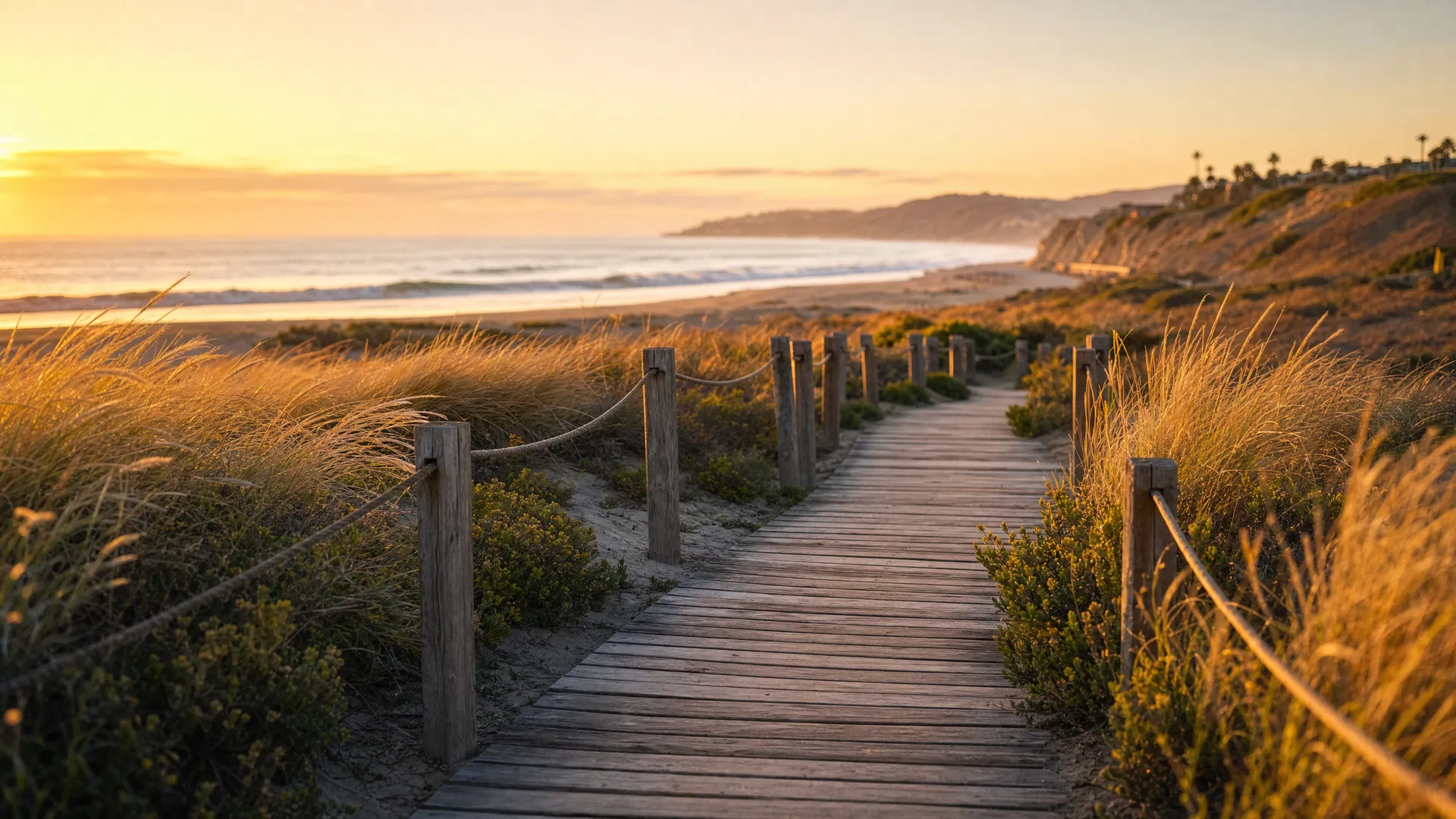 Beach boardwalk path at golden hour