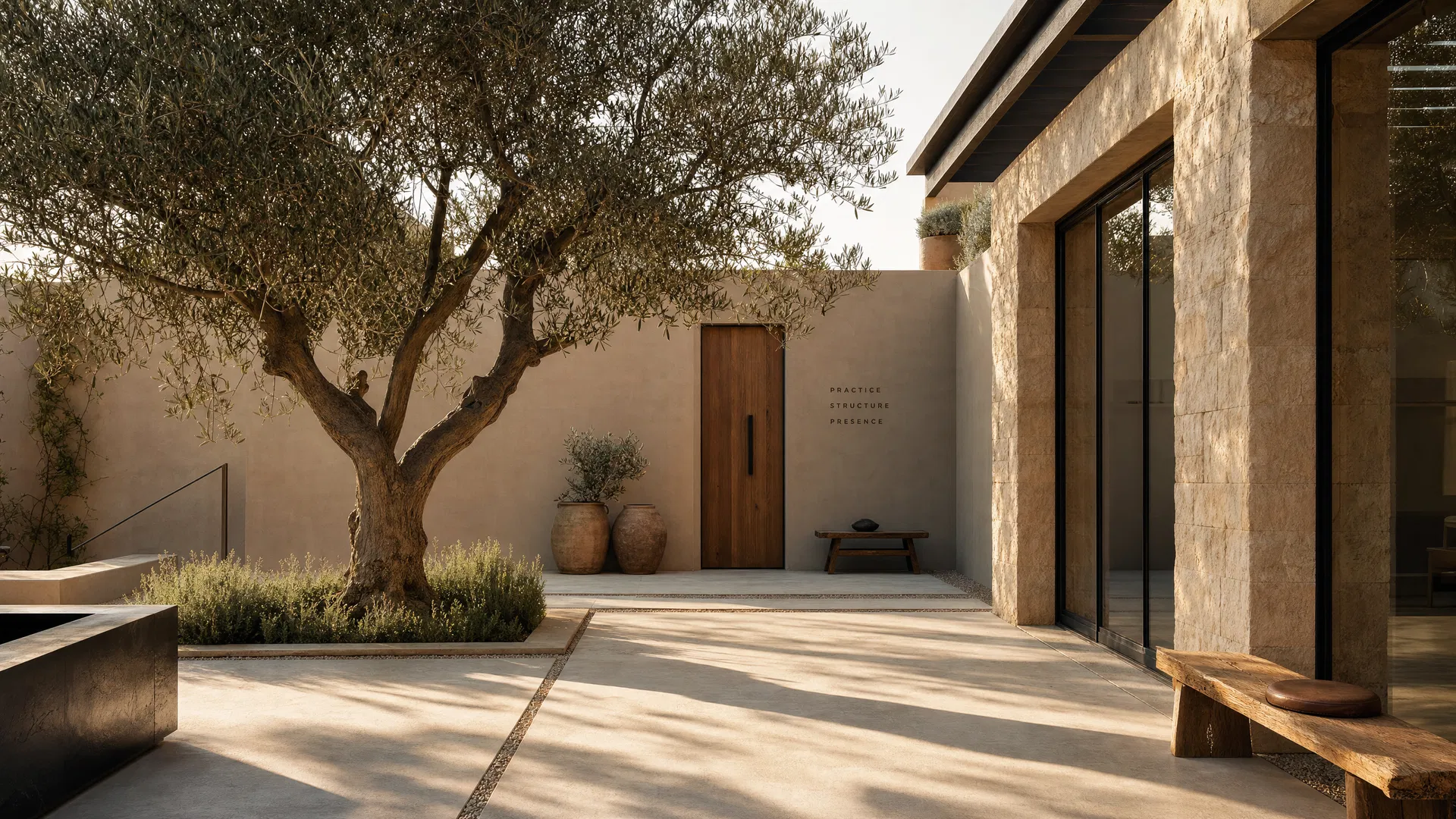 Modern courtyard with olive tree