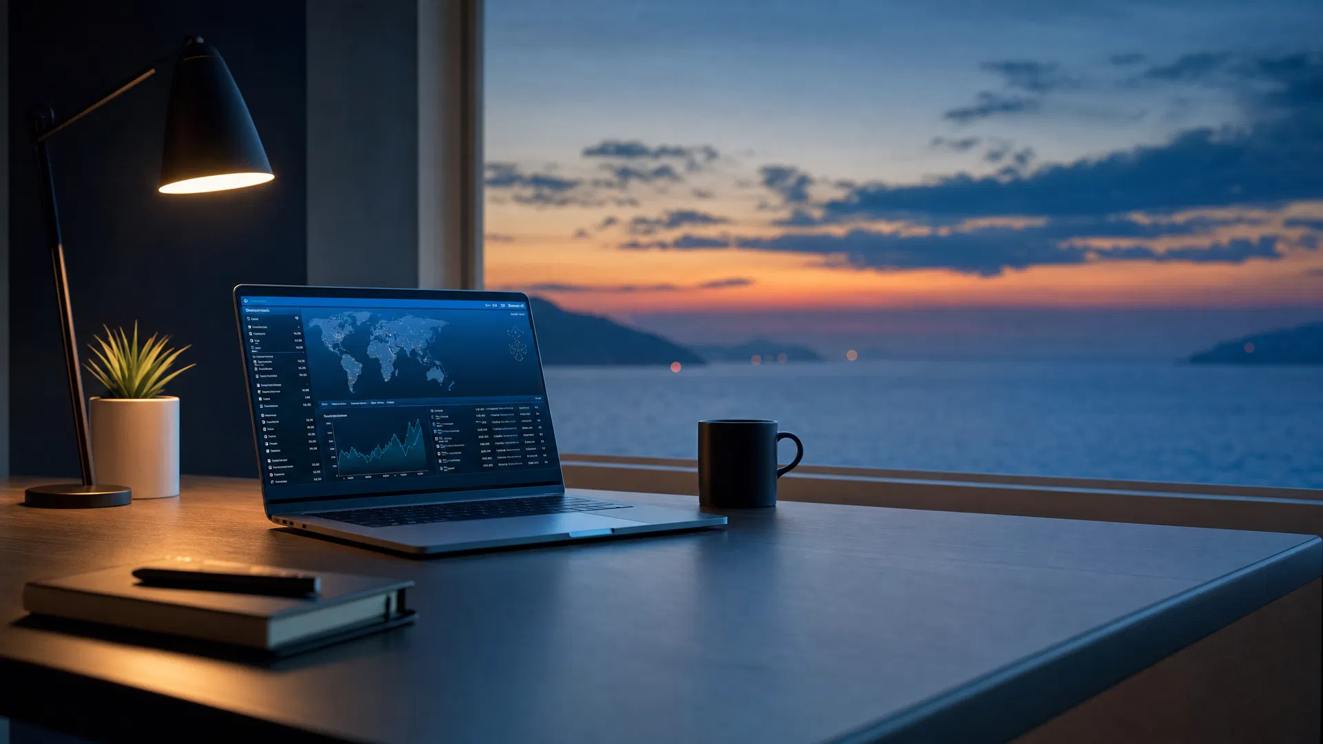 Desk overlooking ocean at dusk