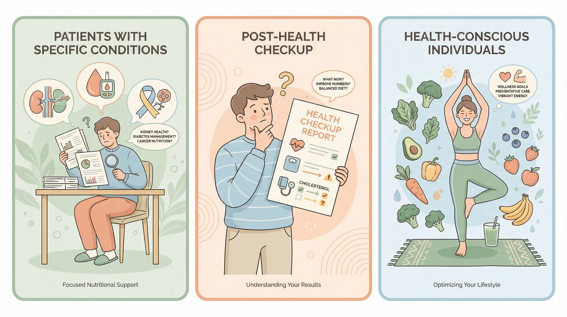3 กลุ่มเป้าหมาย — ผู้ป่วยเฉพาะโรค, เพิ่งตรวจสุขภาพ, คนรักสุขภาพ