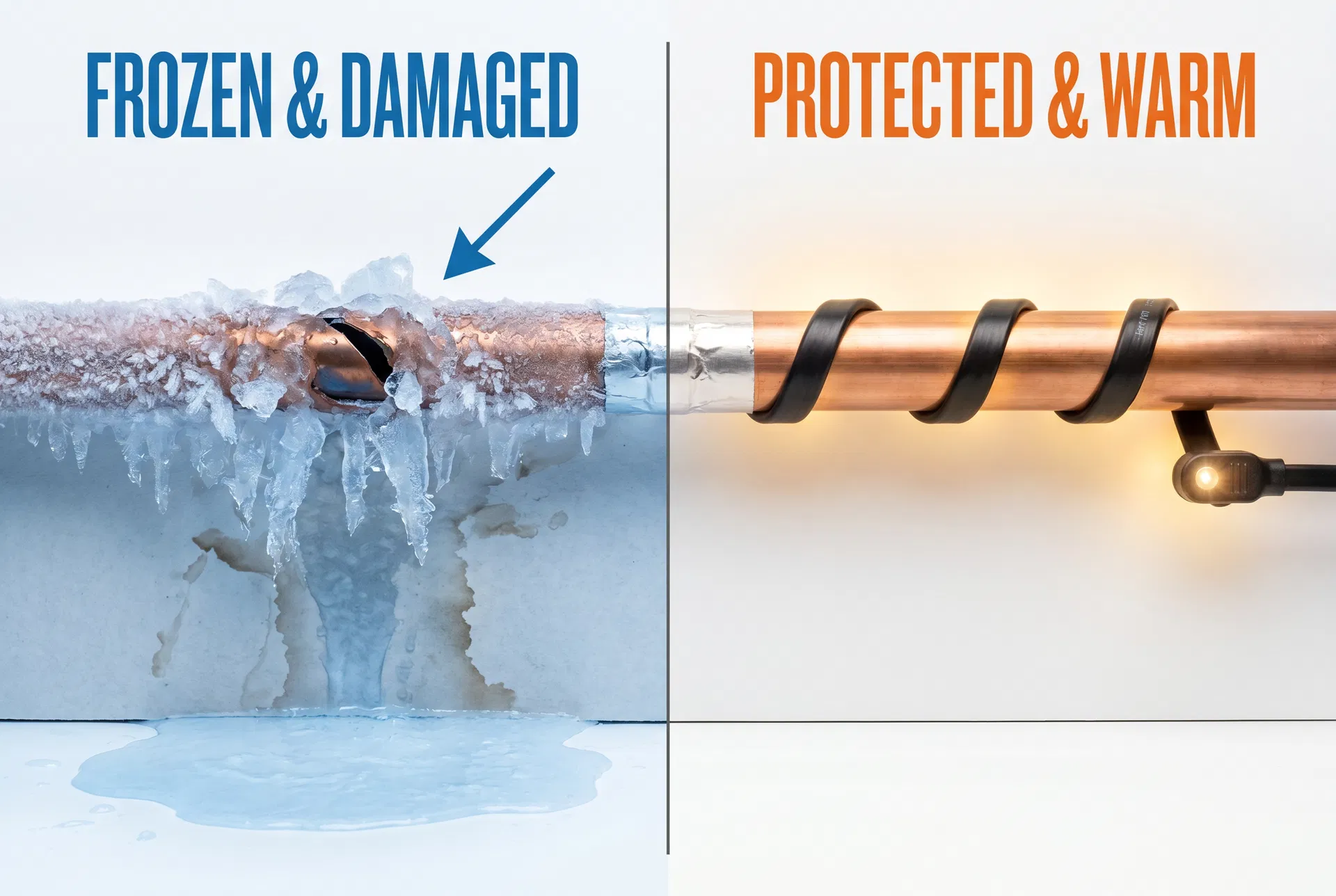 Frozen damaged pipe vs protected warm pipe