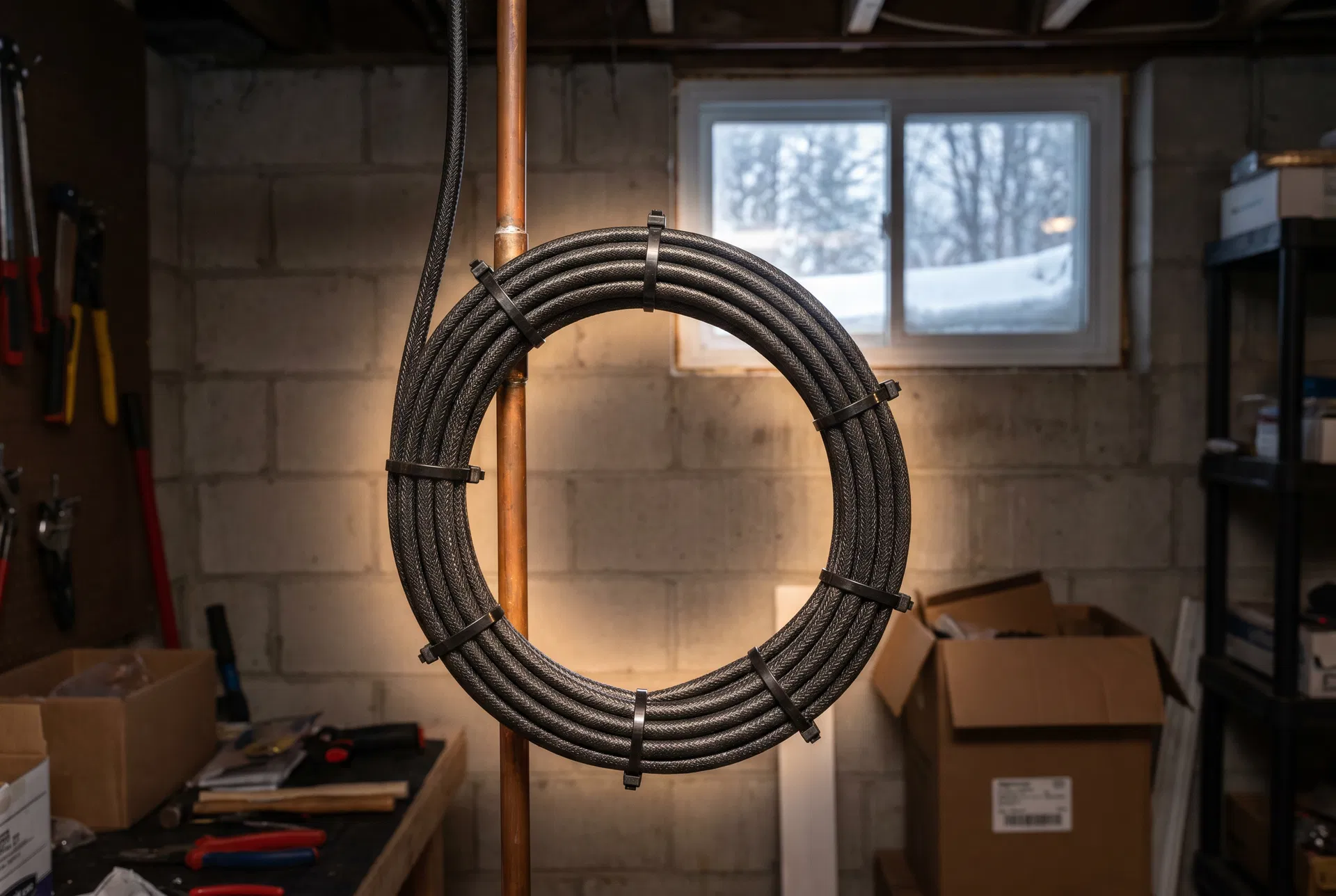 Heating cable installed on pipe in basement