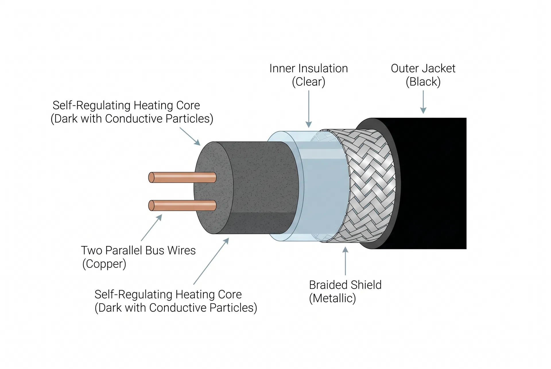 Cross-section of self-regulating heating cable