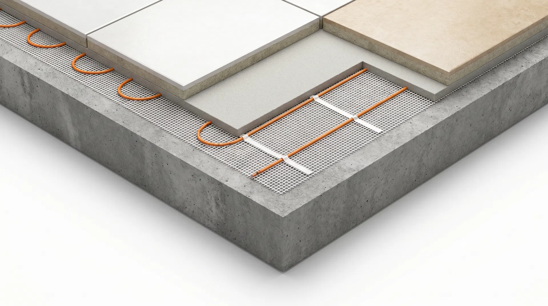 Floor cross-section showing heating mat layers