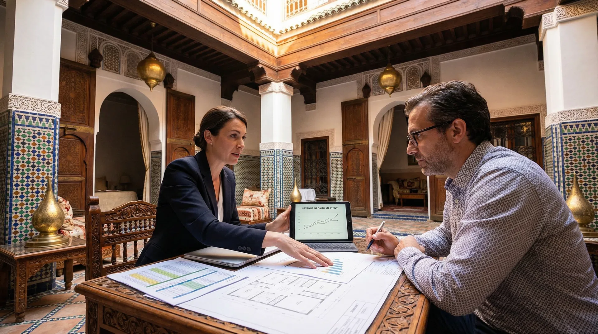 Consultant en hospitalité discutant stratégie avec propriétaire de boutique hôtel marocain