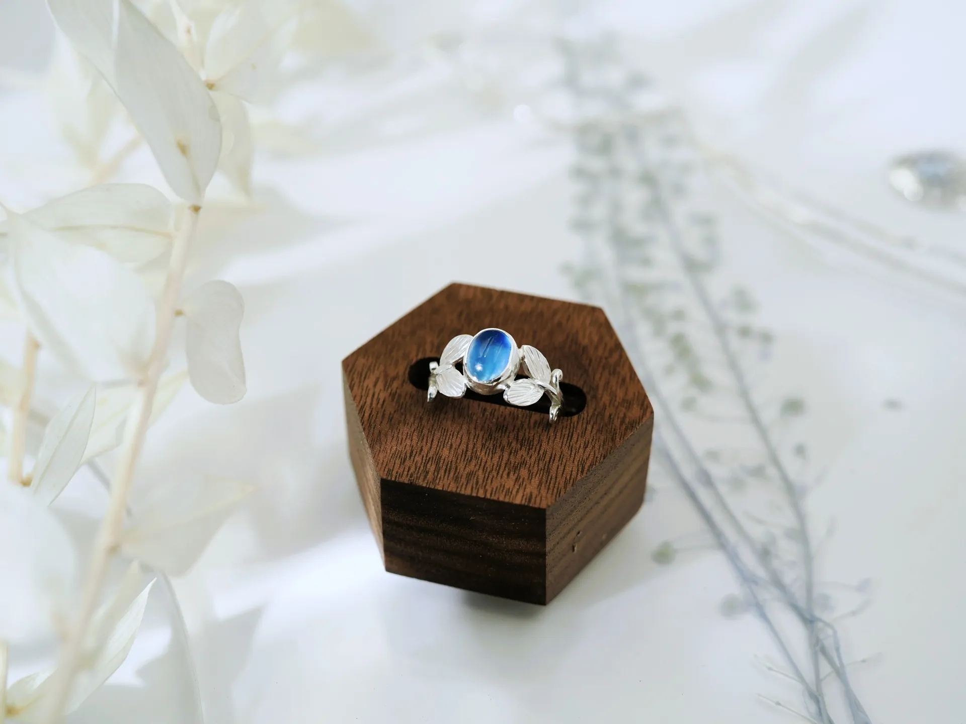 枝葉系列-海水藍寶純銀戒指