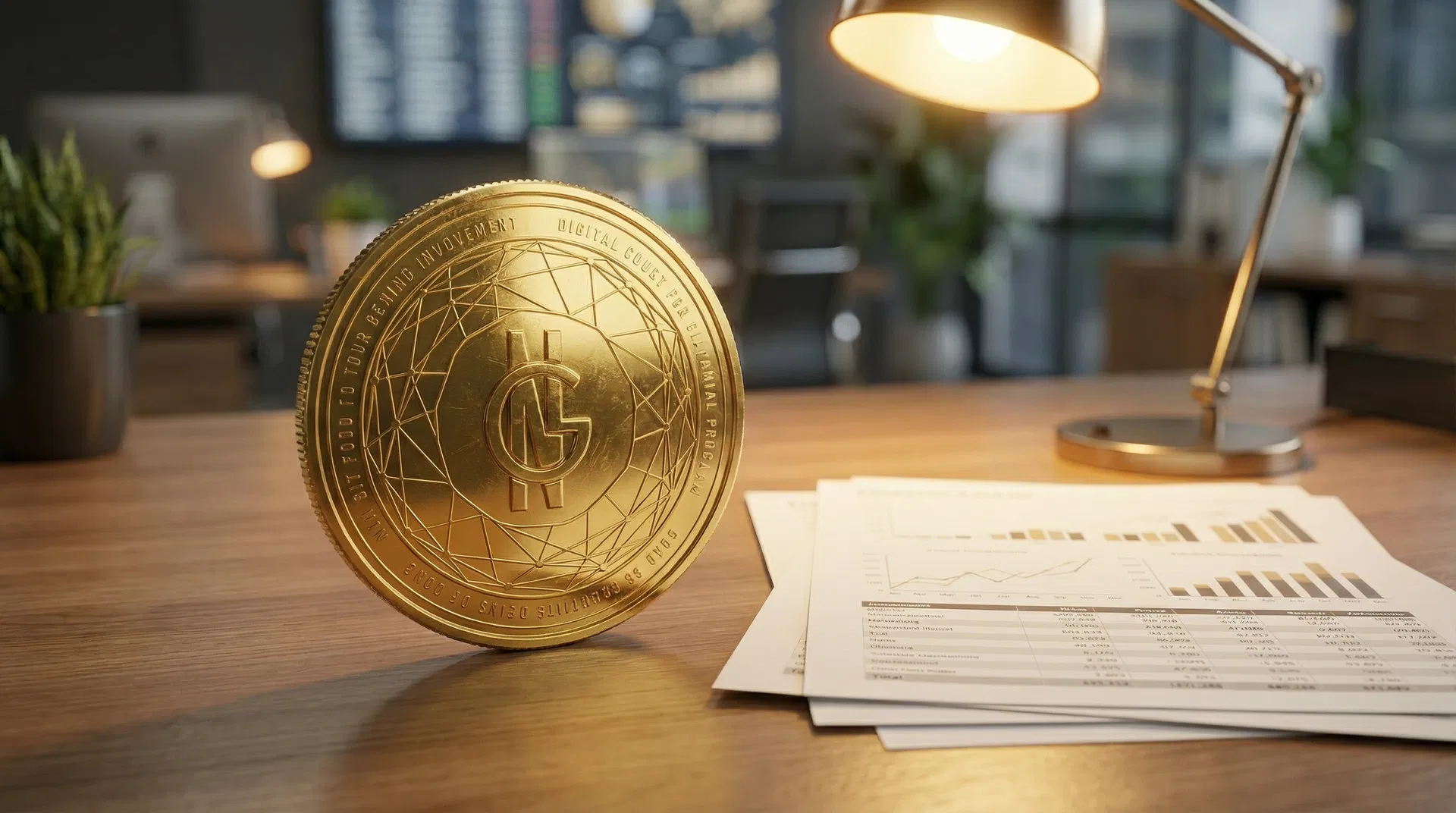 Business handshake with Gold Carbon coin and city skyline