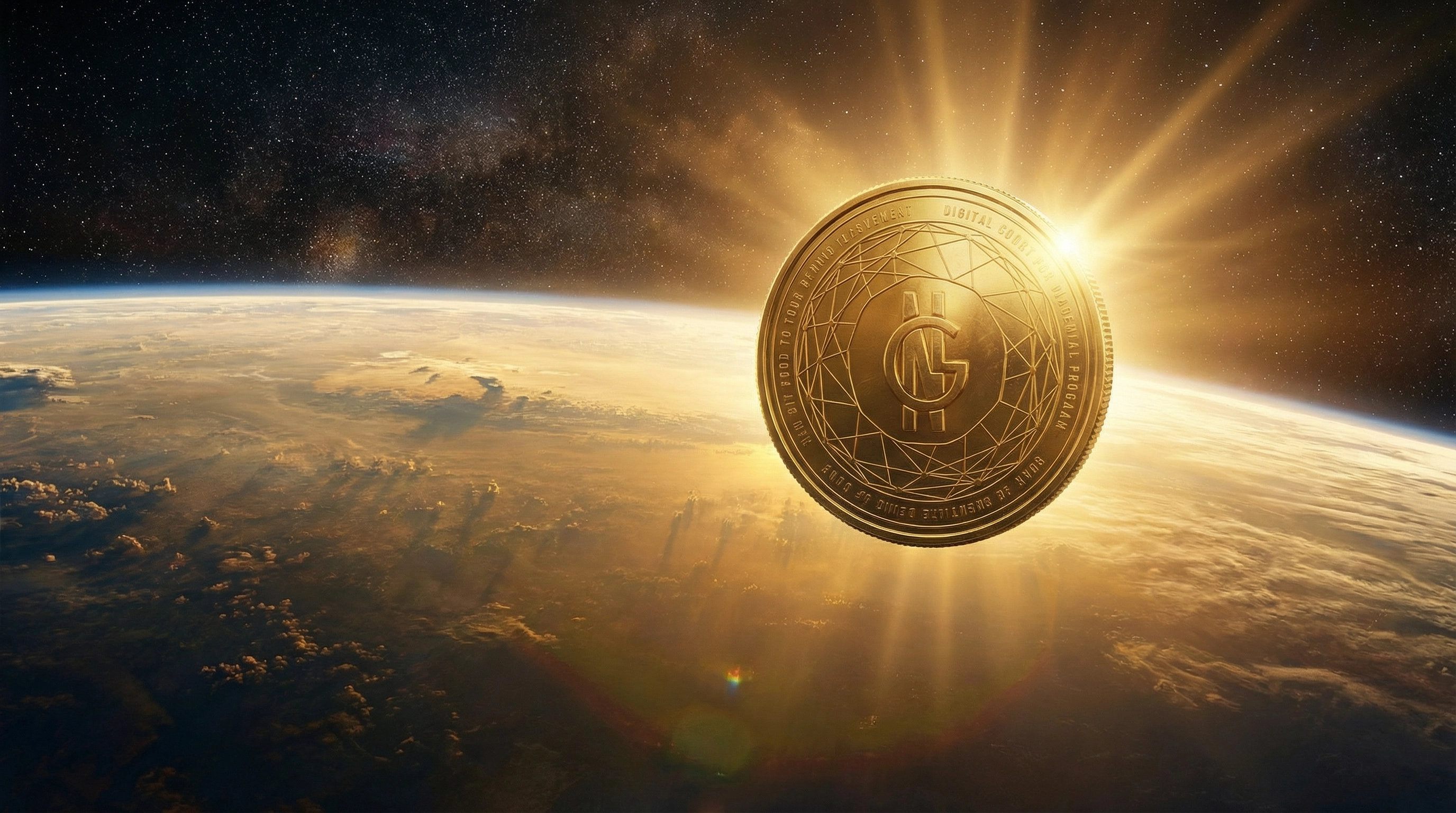 Gold Carbon coin floating above planet Earth from space
