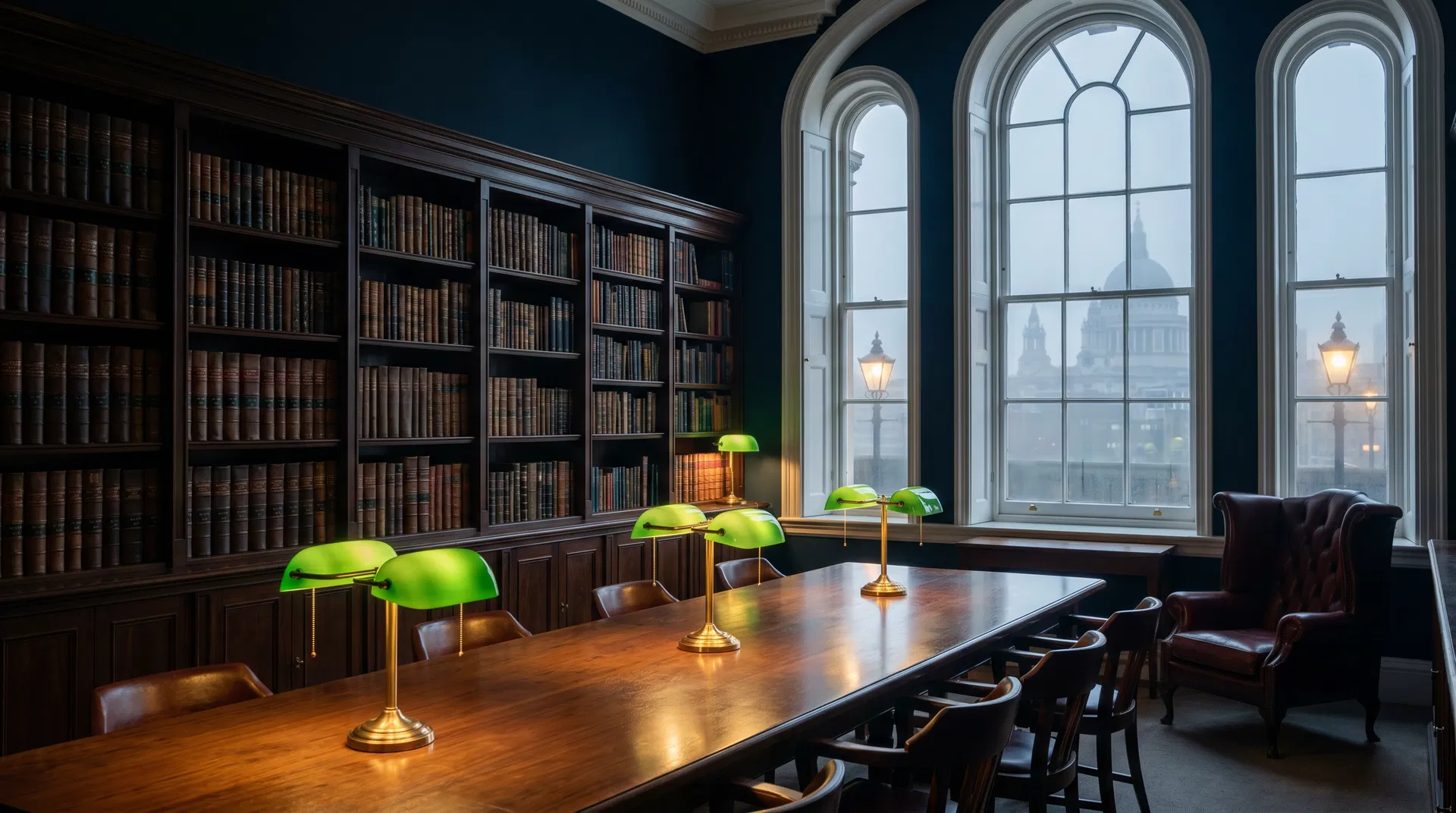英国・私設銀行の図書館。深いネイビーの壁、革装本、真鍮ランプ。