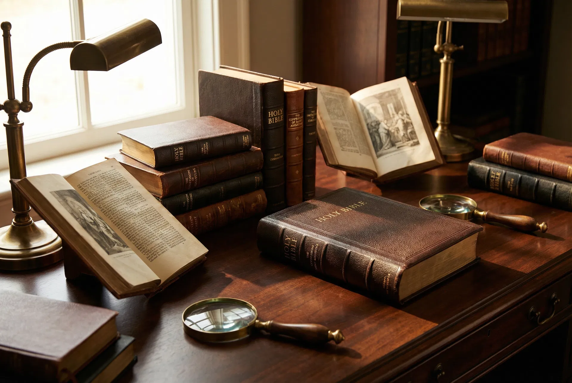 A collection of classic Christian books and Bibles on a dark wooden surface