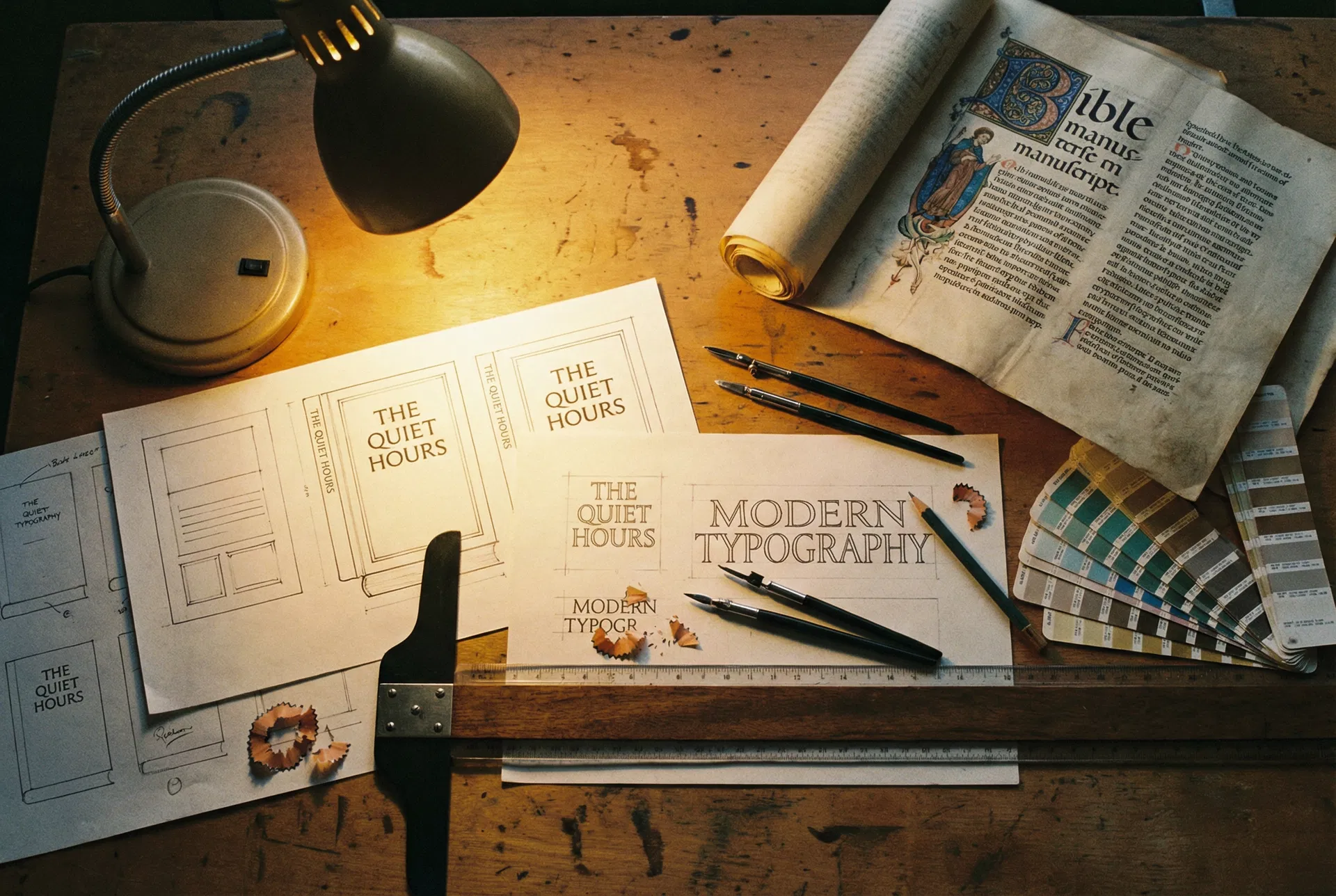 A designer's drafting table with book cover layouts and typographic sketches