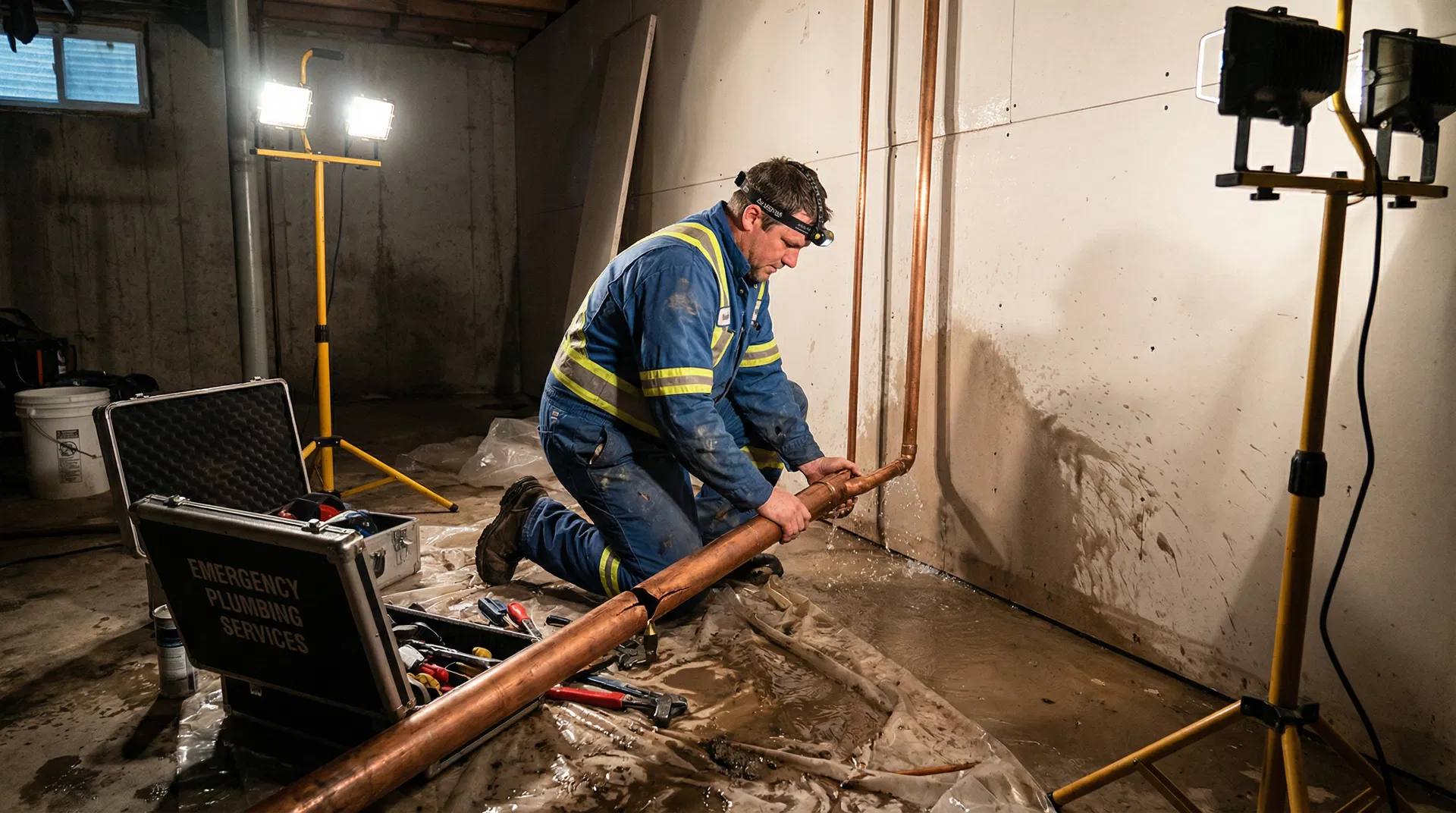Professional plumber repairing burst pipe
