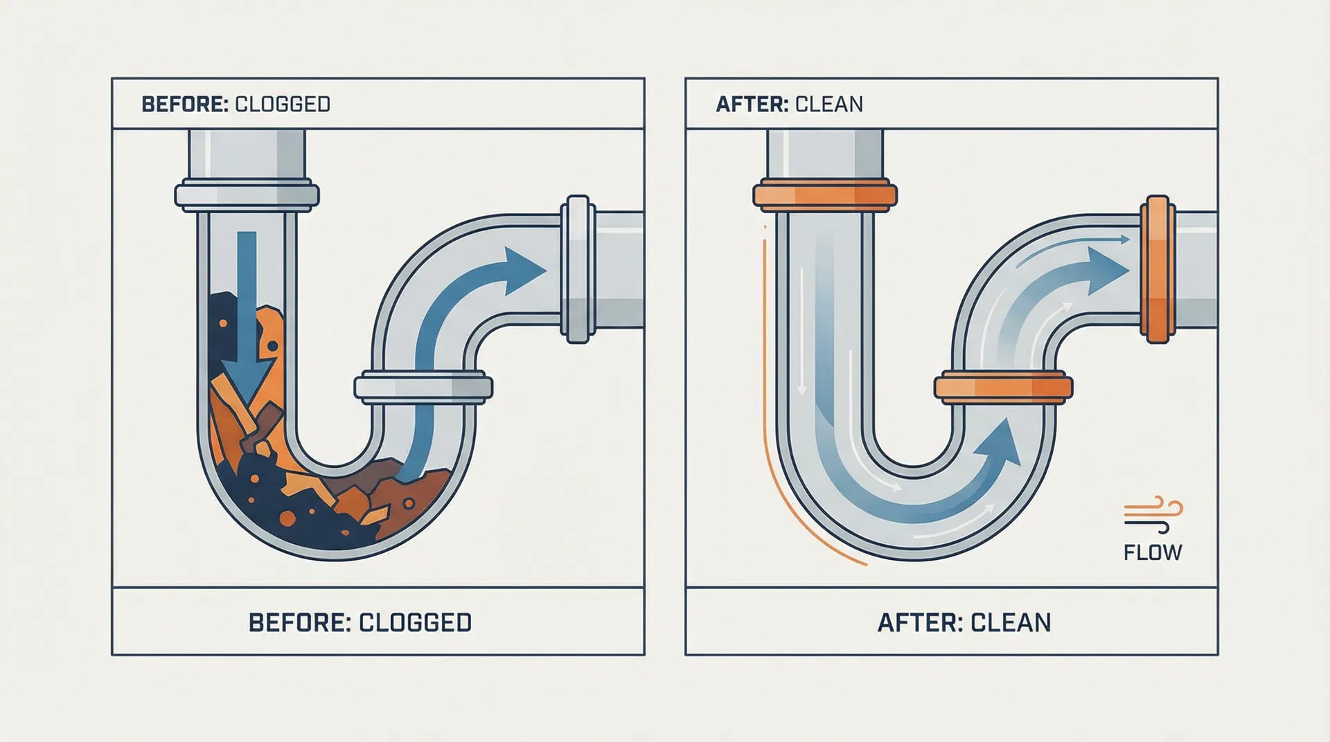 Before and after drain cleaning illustration