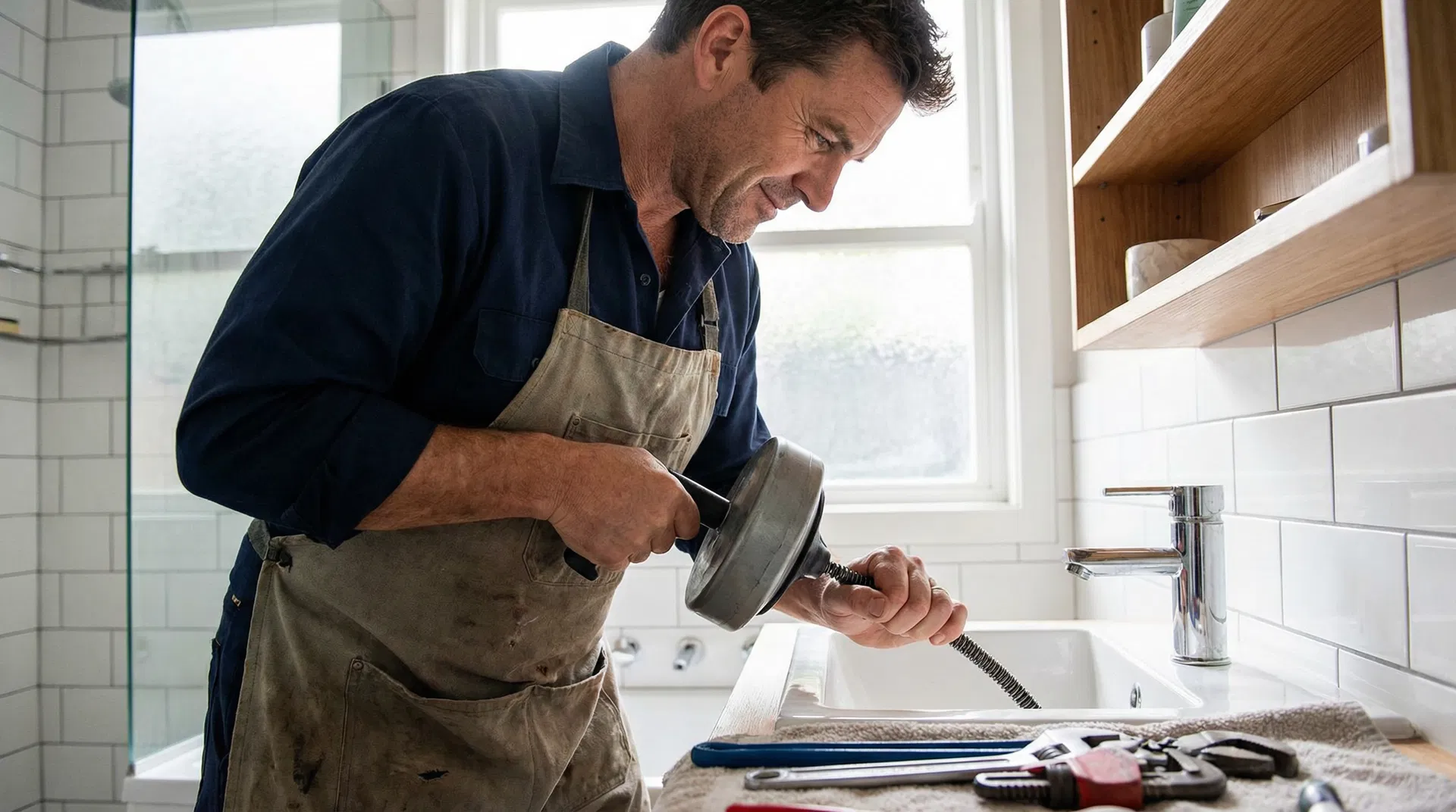 Professional plumber performing drain cleaning