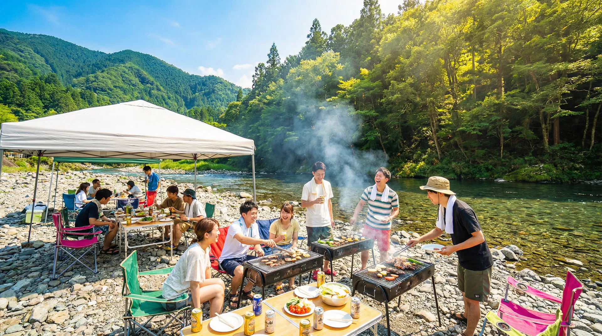 秋川渓谷で手ぶらBBQを楽しむグループ