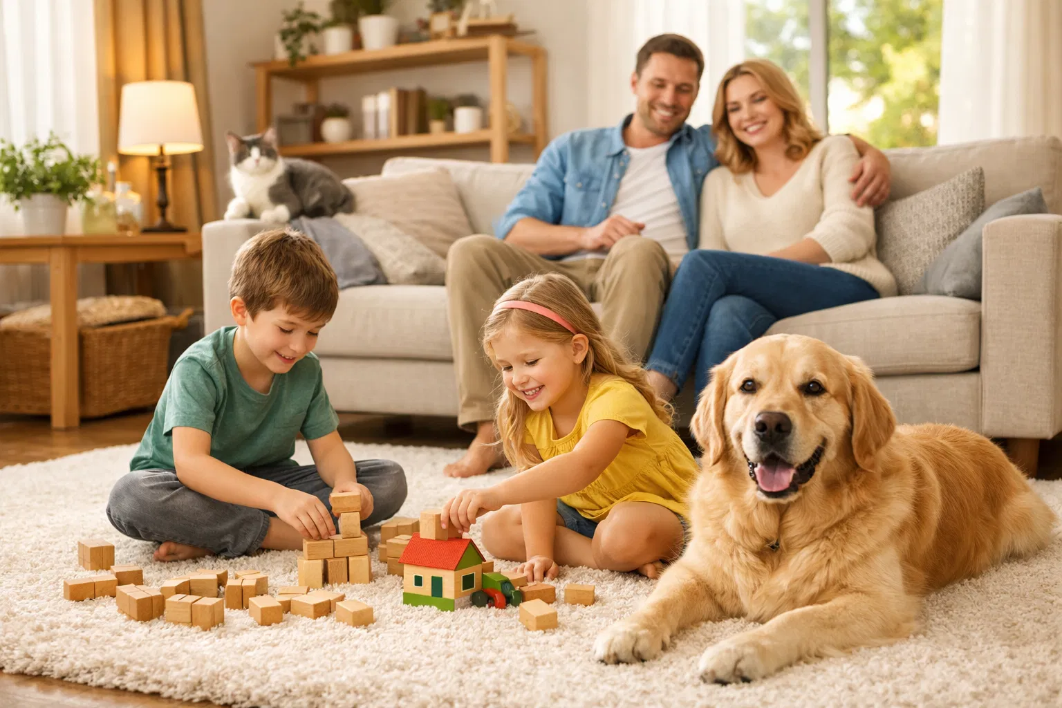 Família feliz com tapete limpo