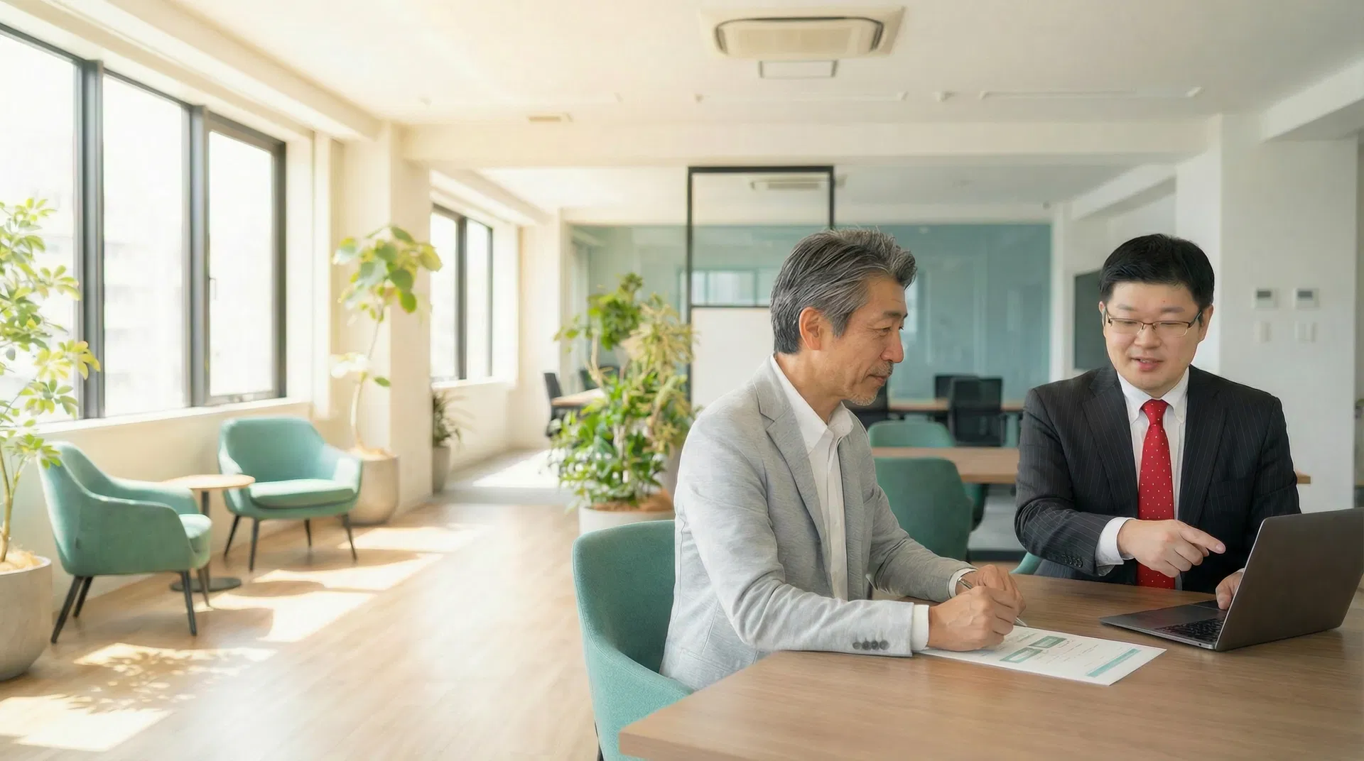 中小企業経営者と安藤謙輔が生成AI導入について商談している様子