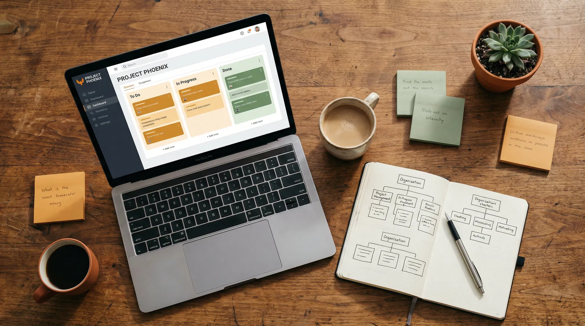 Krozu project management workspace with dashboard and organizational charts