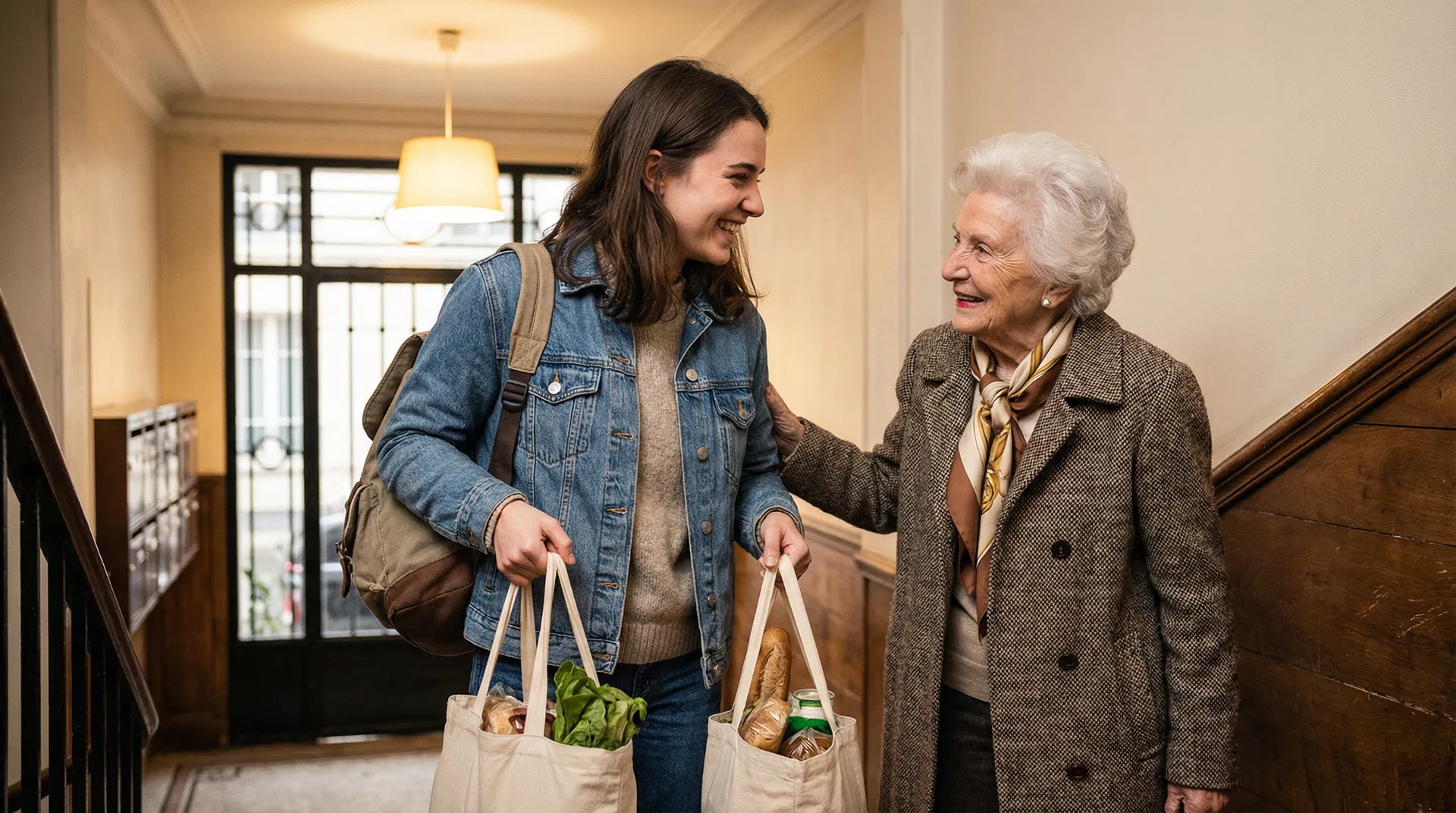 Étudiant aidant une personne âgée