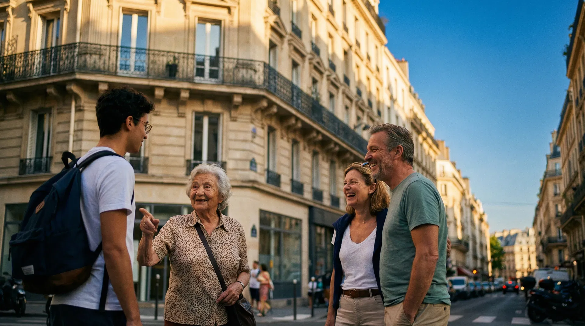 Voisins qui se rencontrent dans une rue parisienne