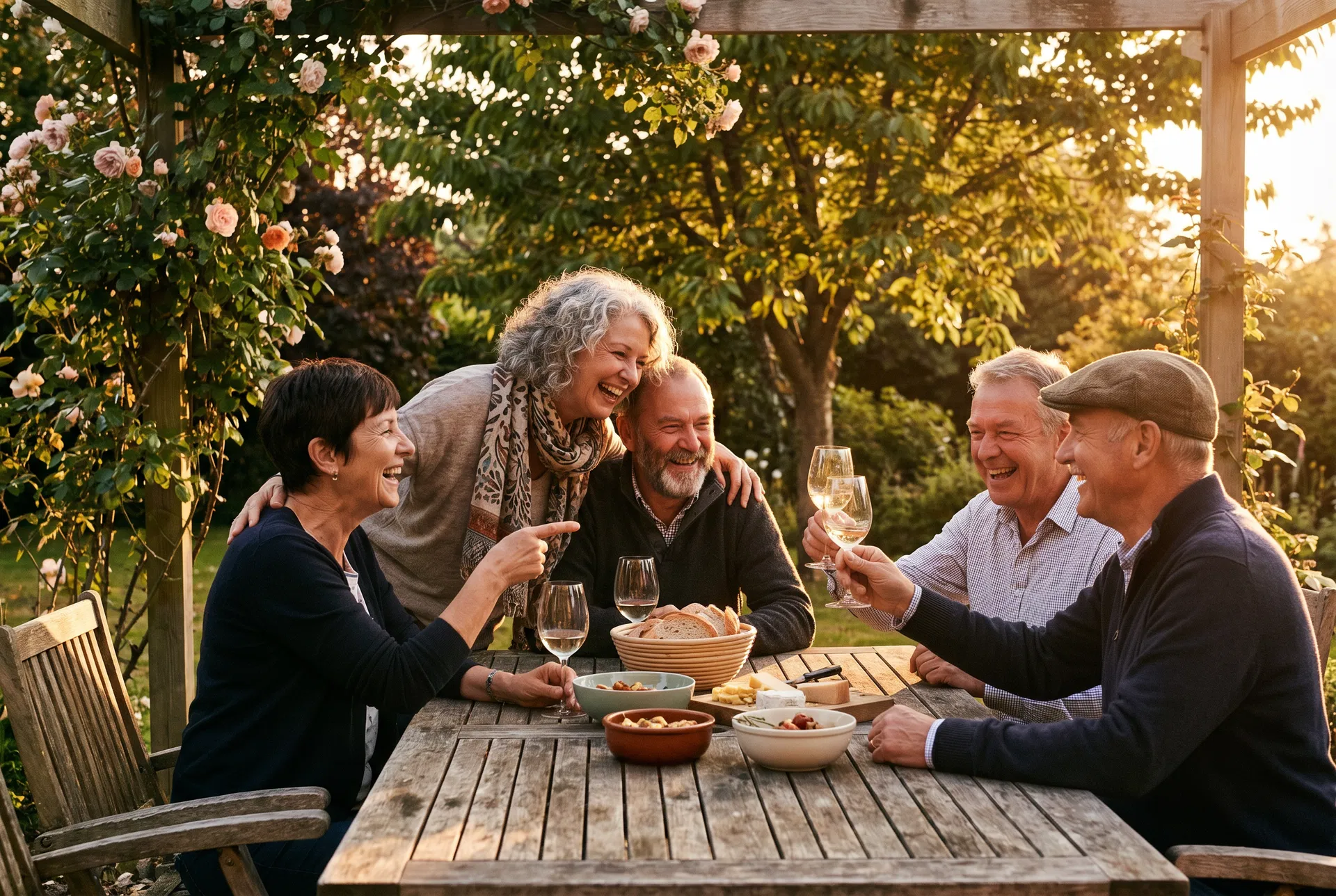 Group of five people in their 60s laughing together at an outdoor table at golden hour