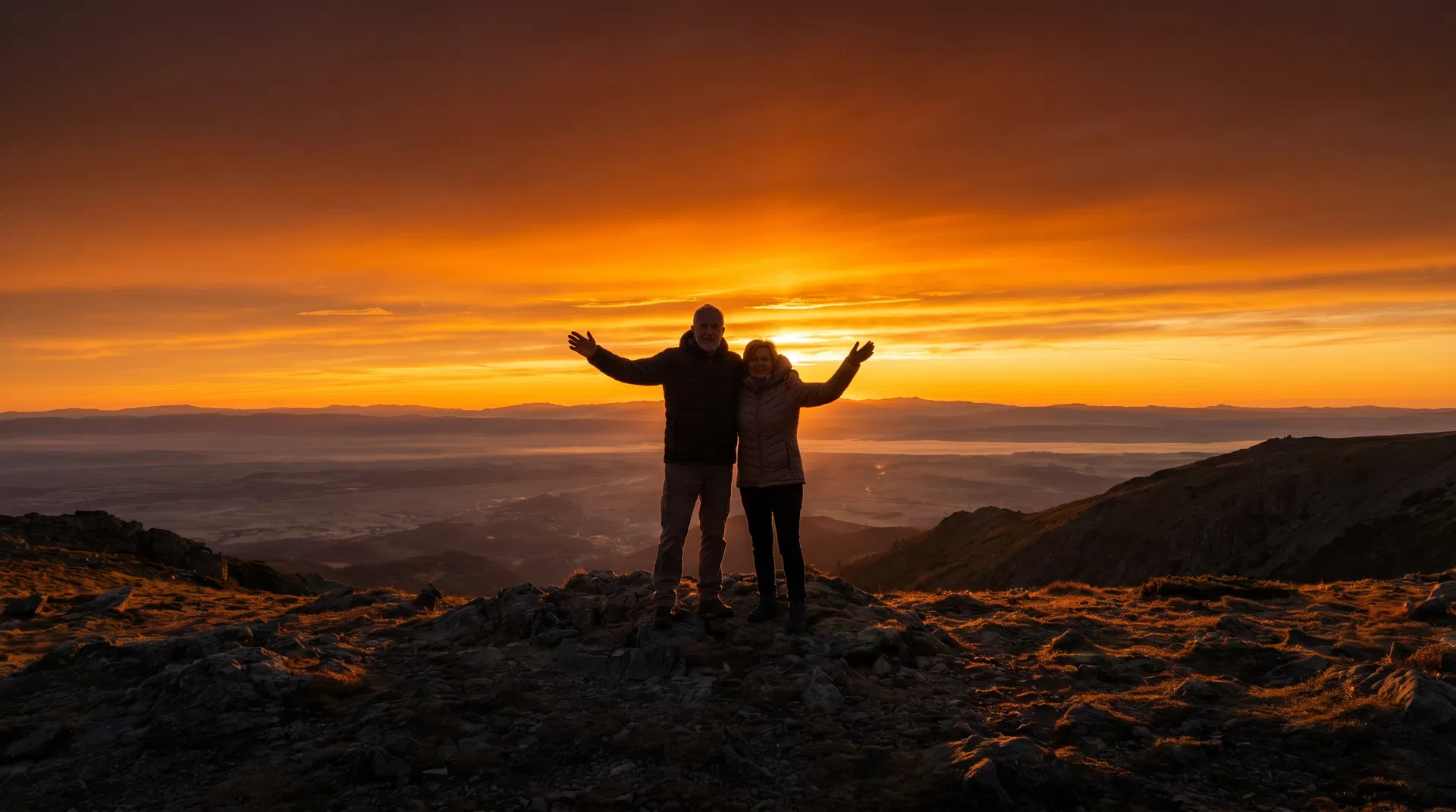 Couple embracing at dawn on a mountain summit