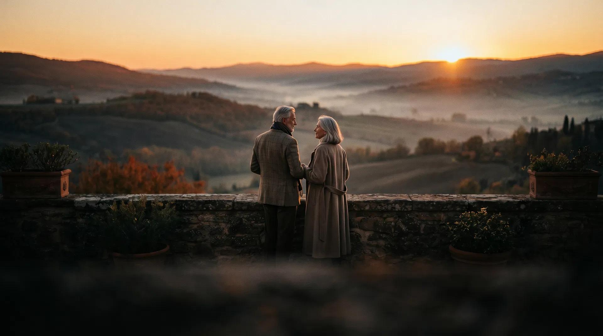 Couple at dawn overlooking a misty valley