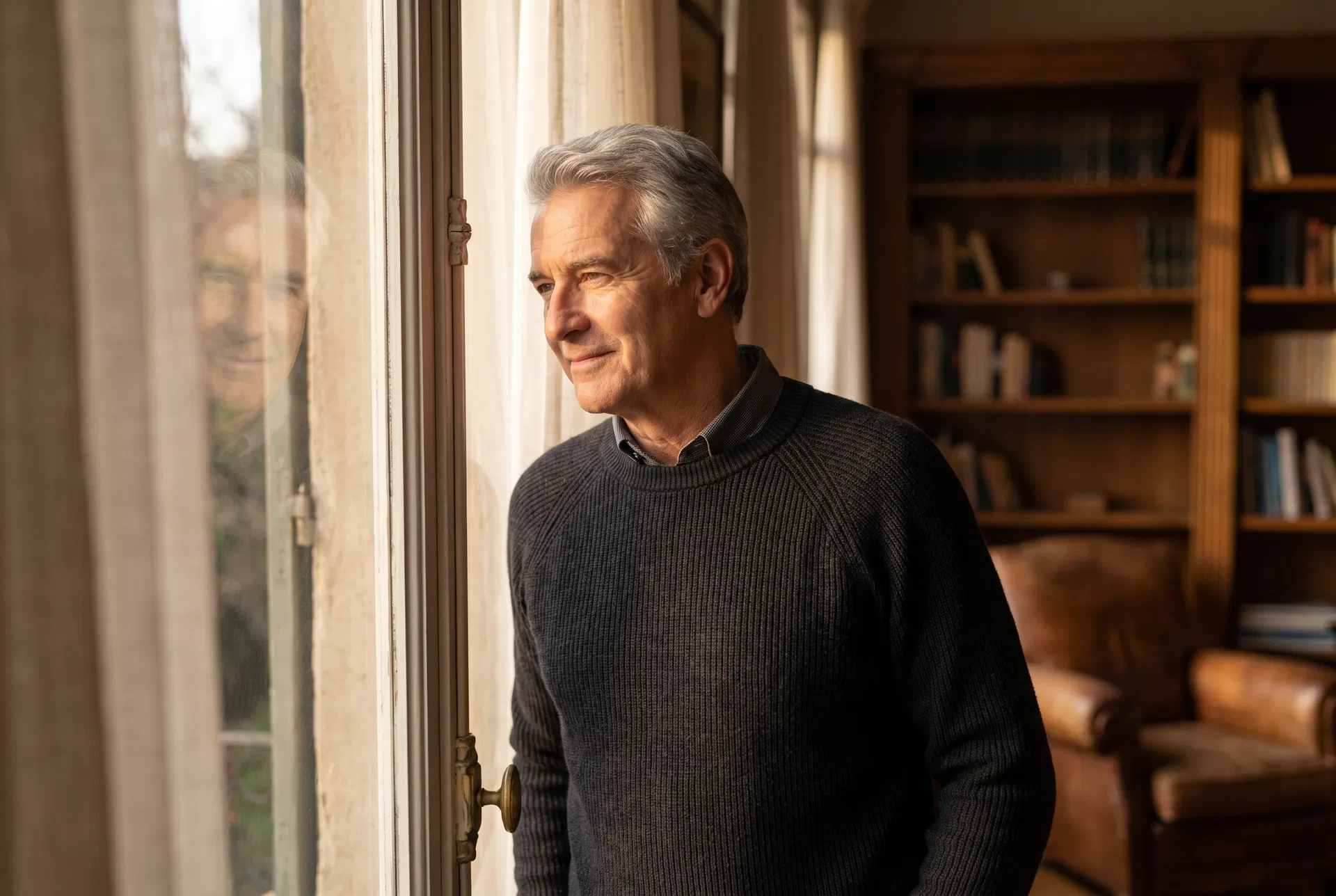 Man in his 60s looking thoughtfully out a window, reflecting on his identity