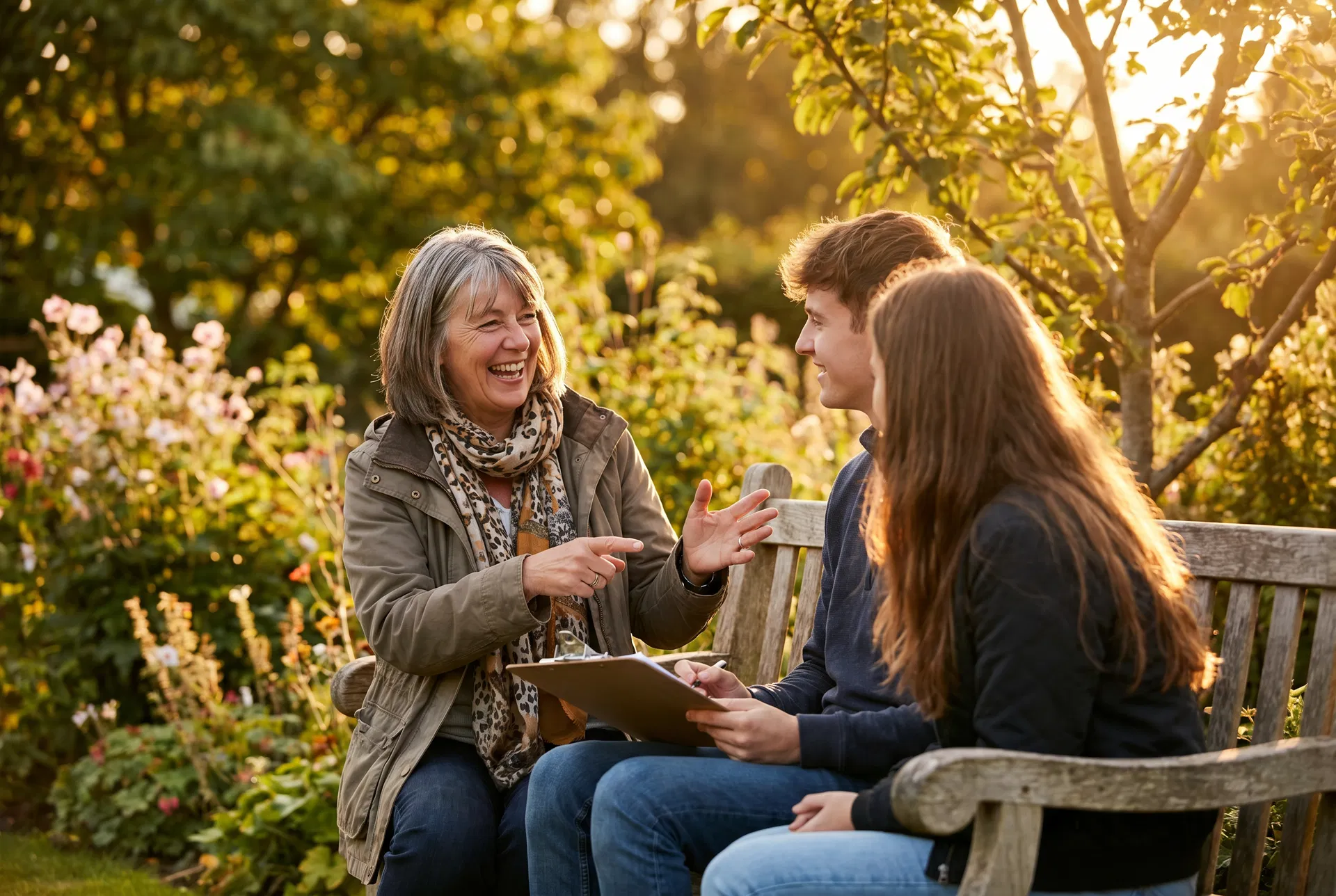 Woman in her late 50s passionately mentoring younger adults in a garden