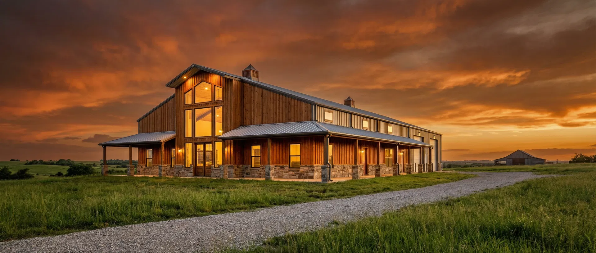 Modern barndominium at sunset
