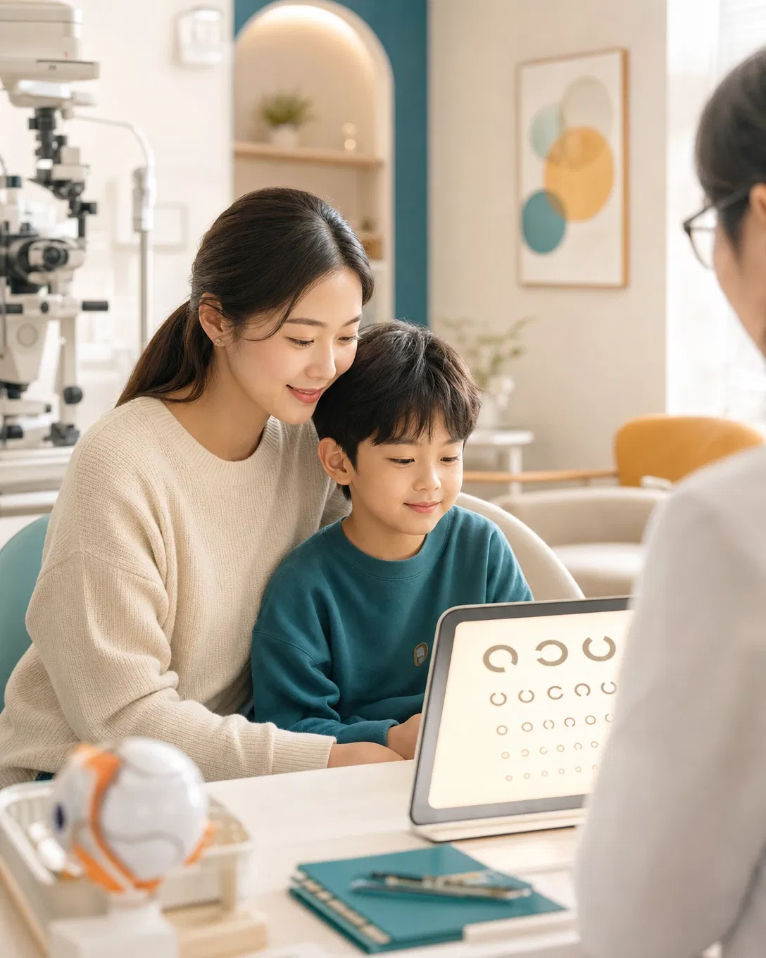 Parent and child in an eye-care consultation