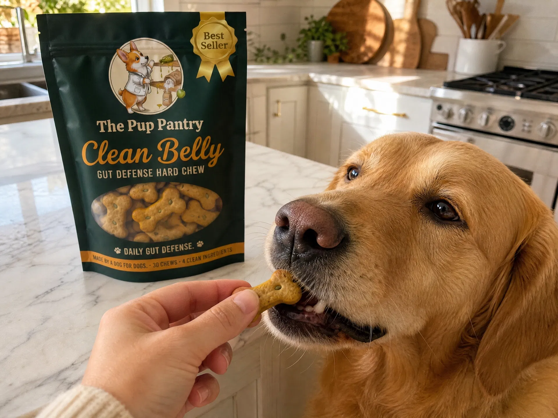 Feeding a Clean Belly chew to a golden retriever