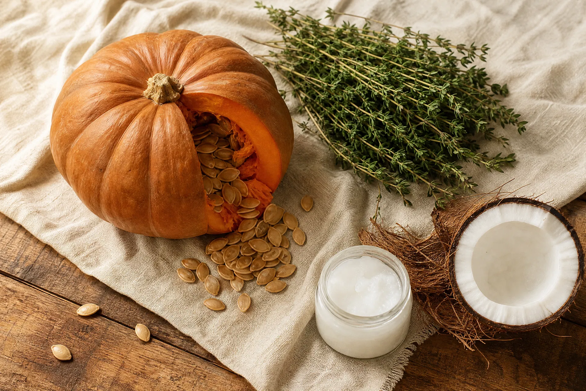 Pumpkin meal, goat milk powder, thyme extract, unsweetened coconut