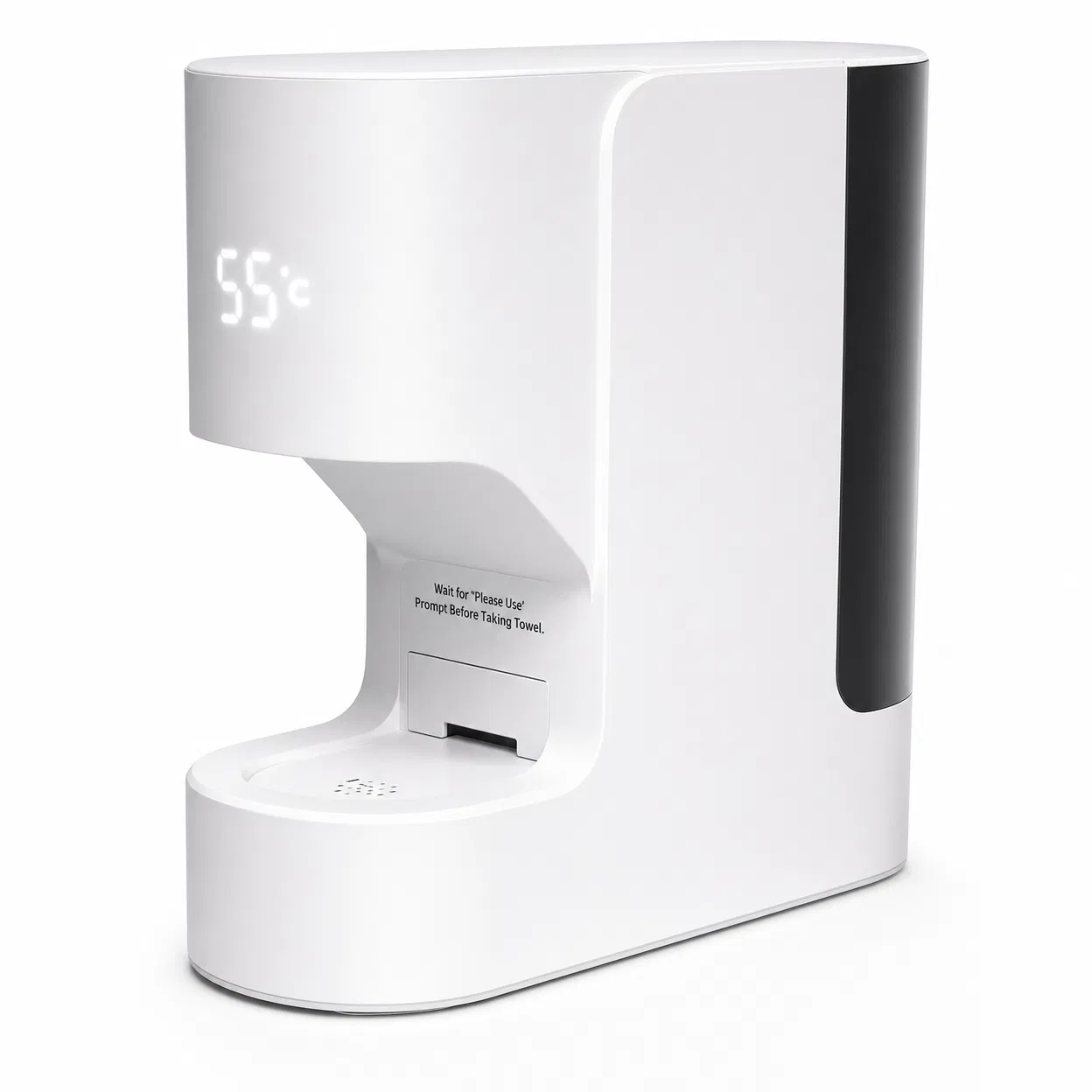 Smart Hot Towel Warmer — 3/4 angle view showing U-arch dispensing slot and 55°C LED display