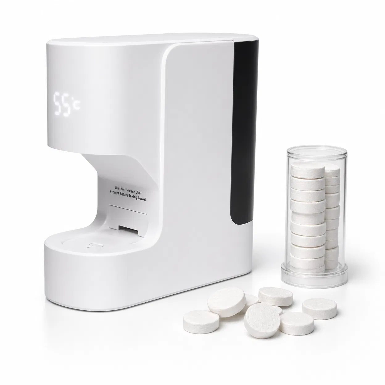 Towel warmer with compressed towel coin tablets — clear container and scattered discs