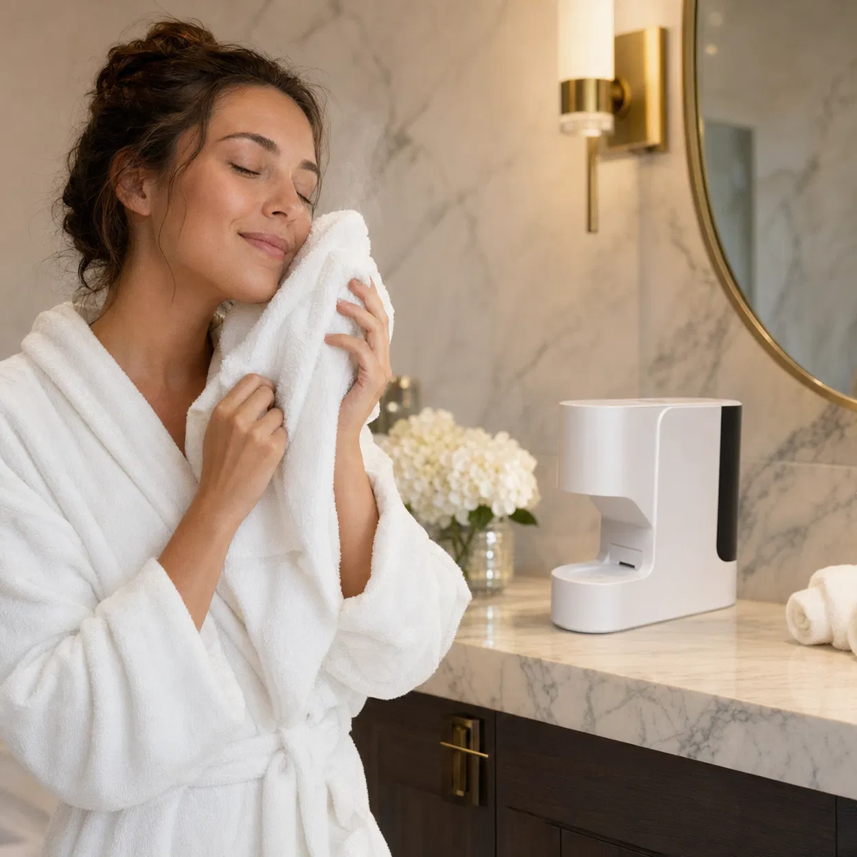 Woman in white bathrobe enjoying a warm towel from the machine