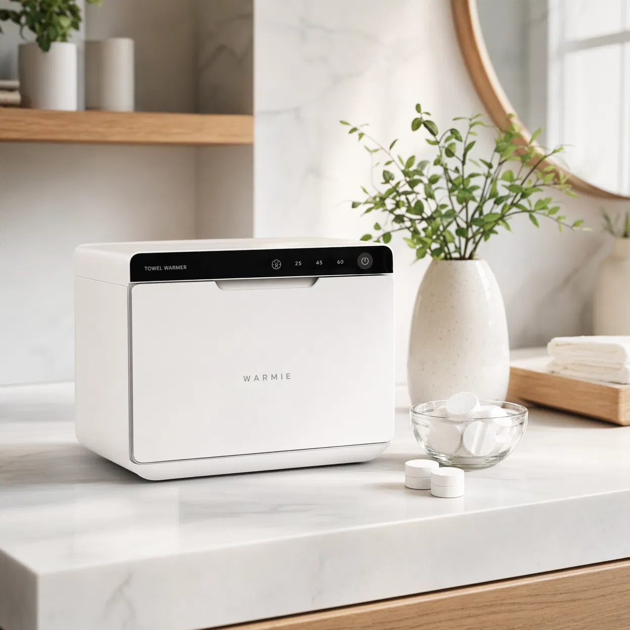 Towel warmer on marble bathroom vanity with compressed tablet bowl