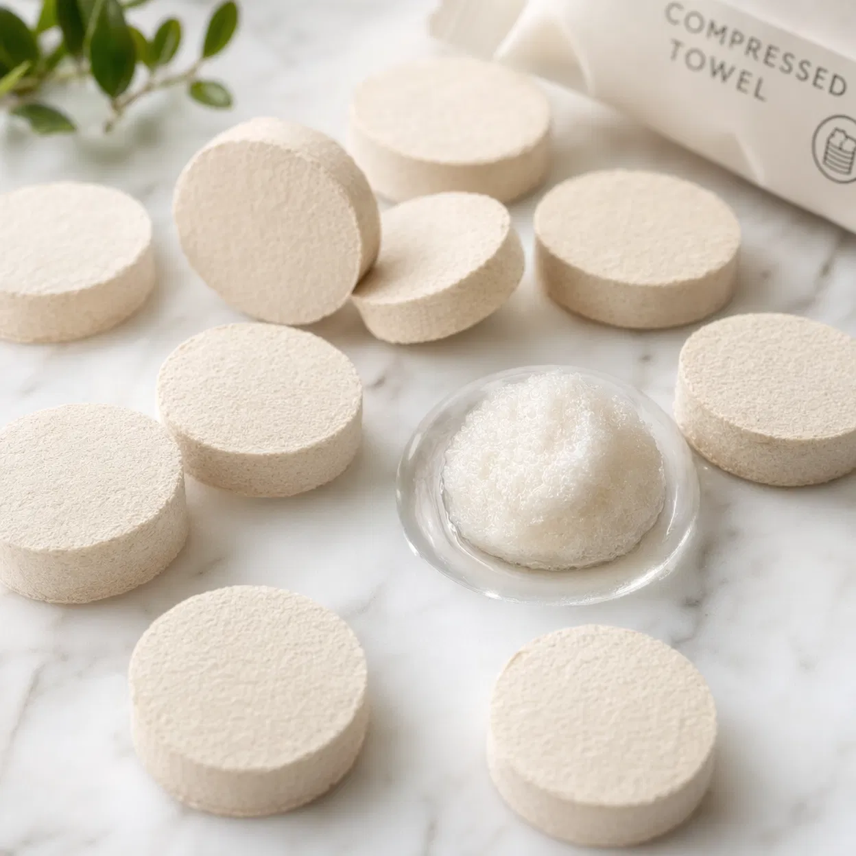 Compressed towel tablets — coin-shaped discs that expand into a full warm towel