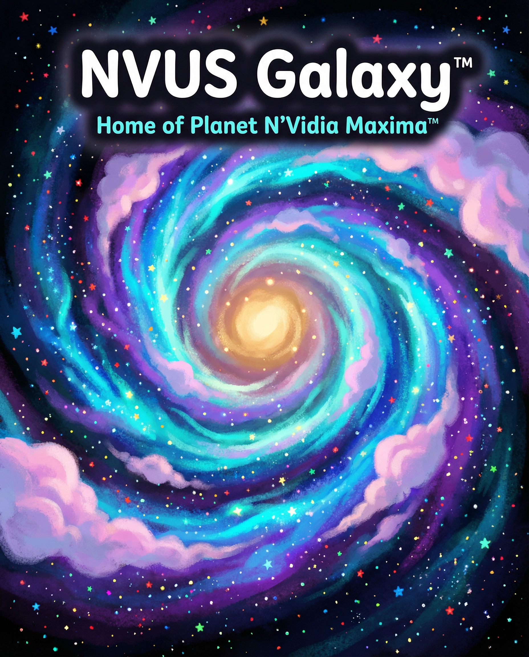 The NVUS Galaxy™ — a colorful spiral galaxy that is home to Planet N'Vidia Maxima™