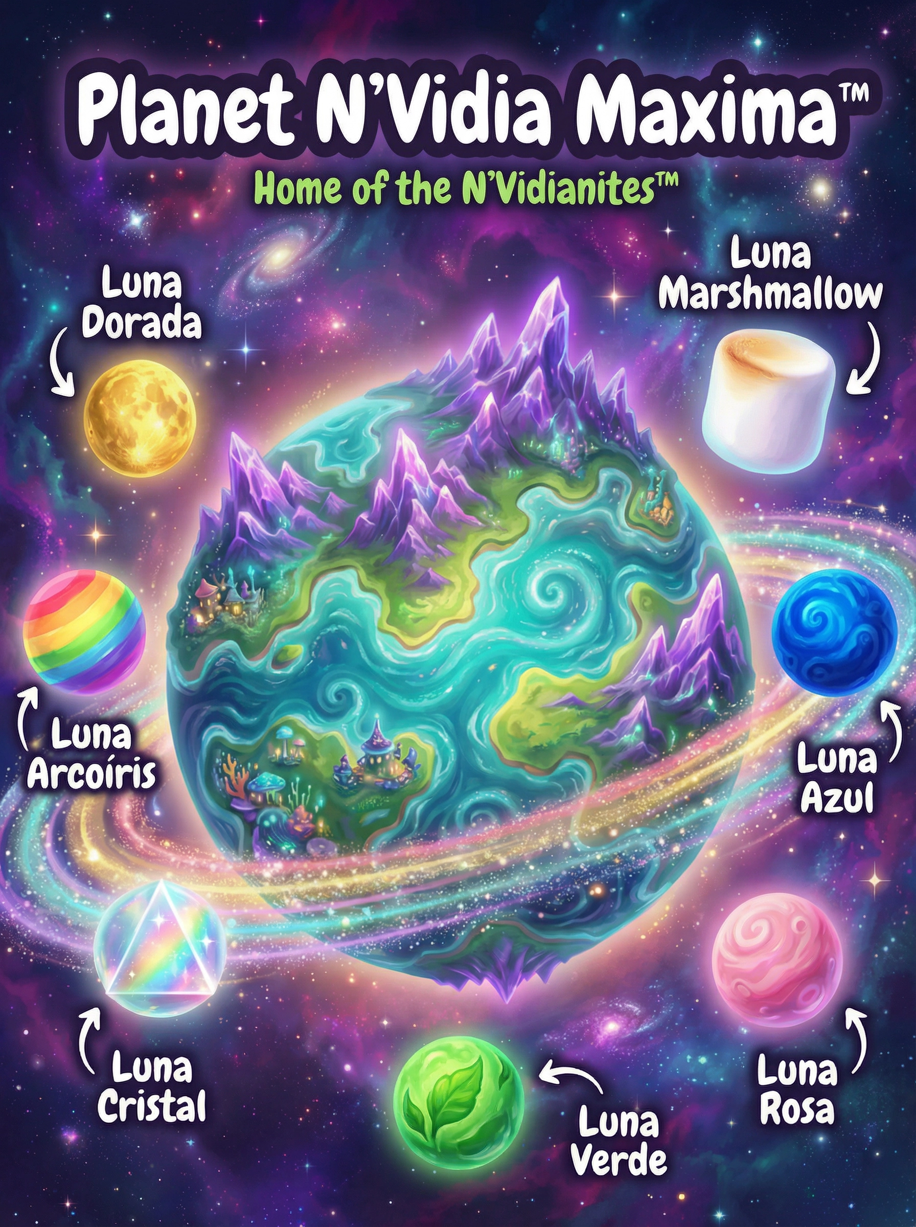 Planet N'Vidia Maxima™ with its Stardust Rings, Luna Dorada, Luna Rosa, and Luna Marshmallow