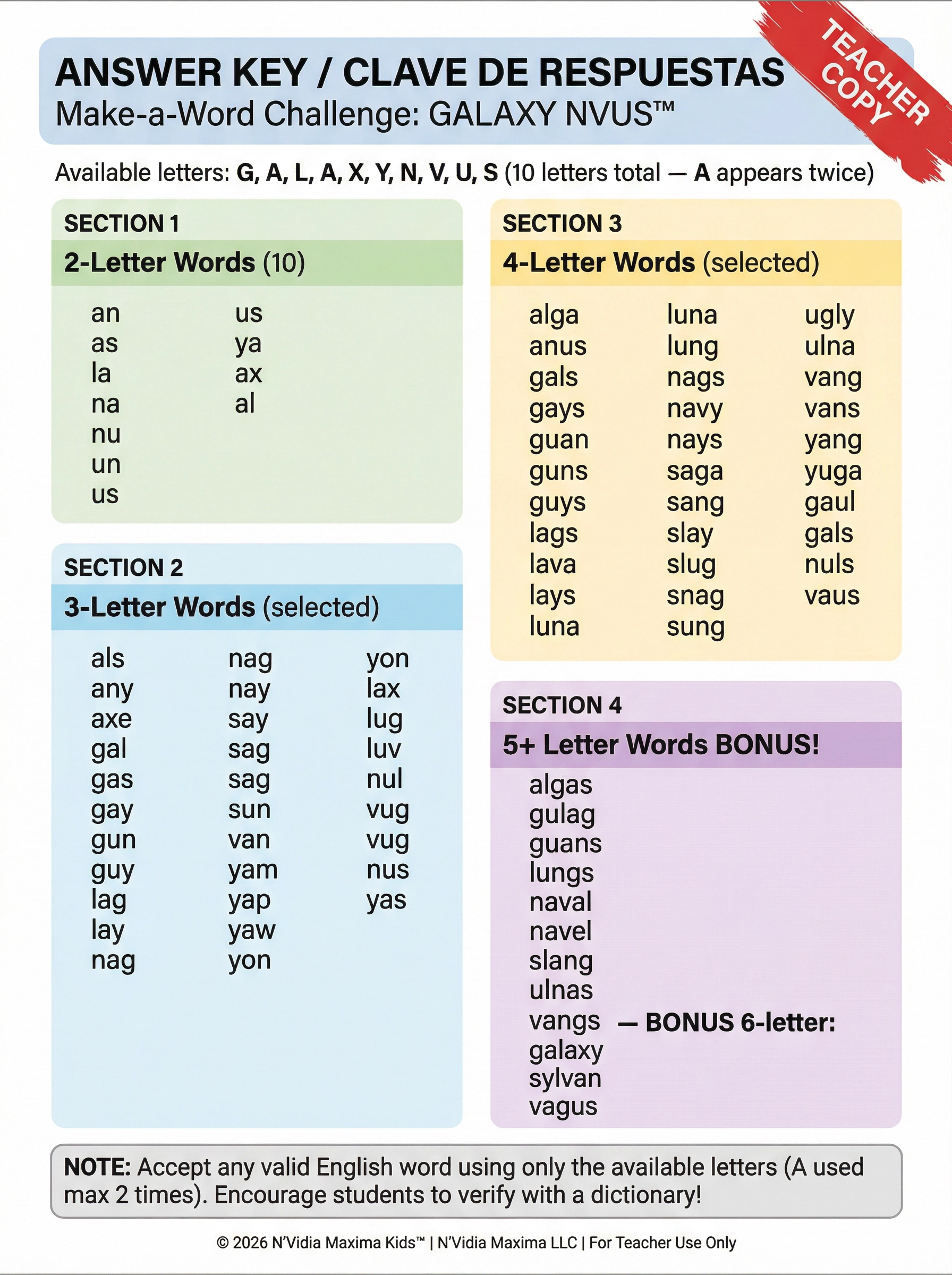 Galaxy NVUS™ Answer Key (Teacher Copy)