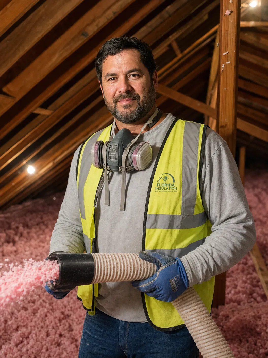 Palm Coast Insulation Pros technician in a local attic