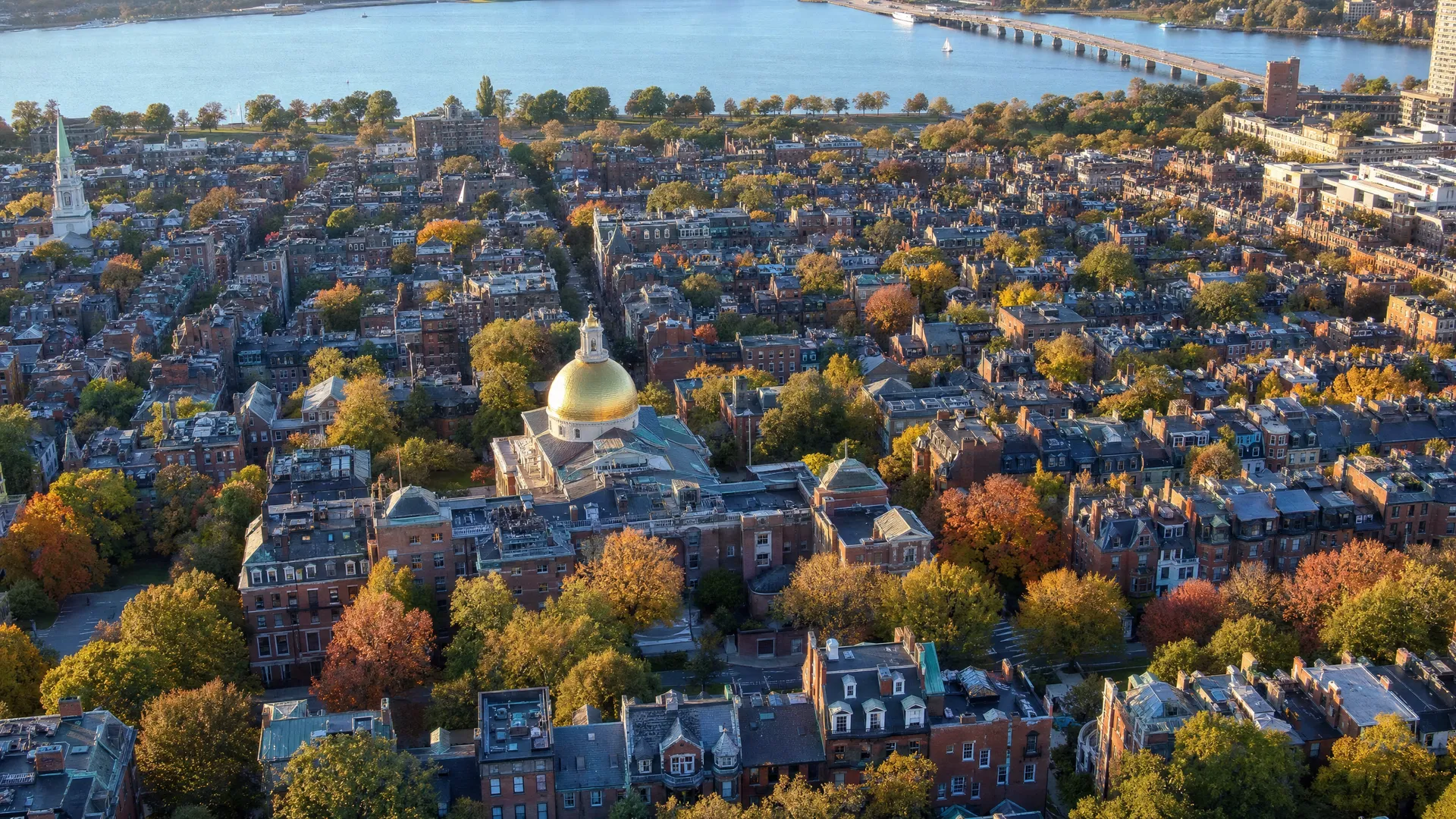 Aerial view of Boston Beacon Hill neighborhood with copper-clad rooftops