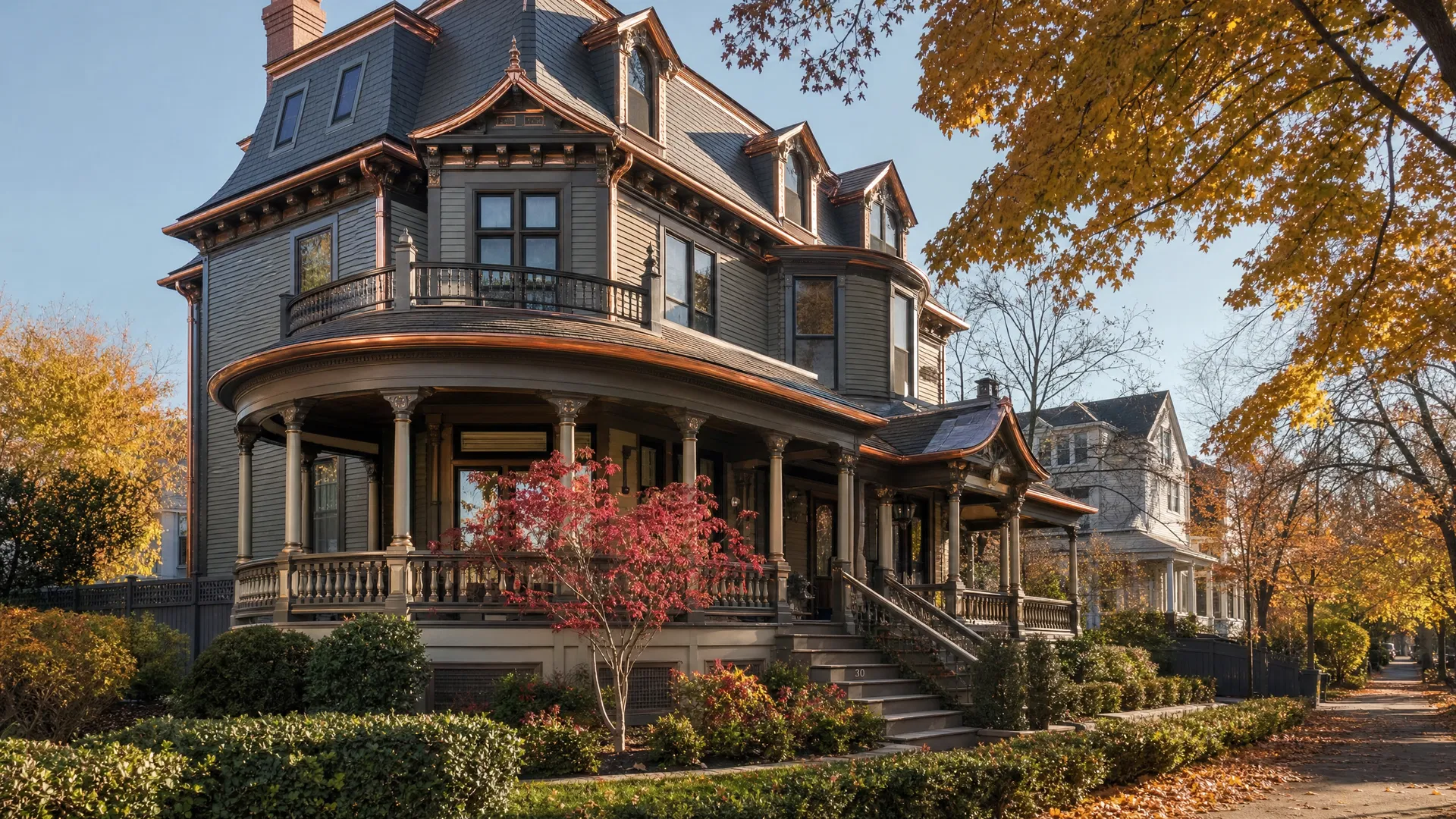 Elegant Victorian home in Brookline MA with copper roof accents and gutters