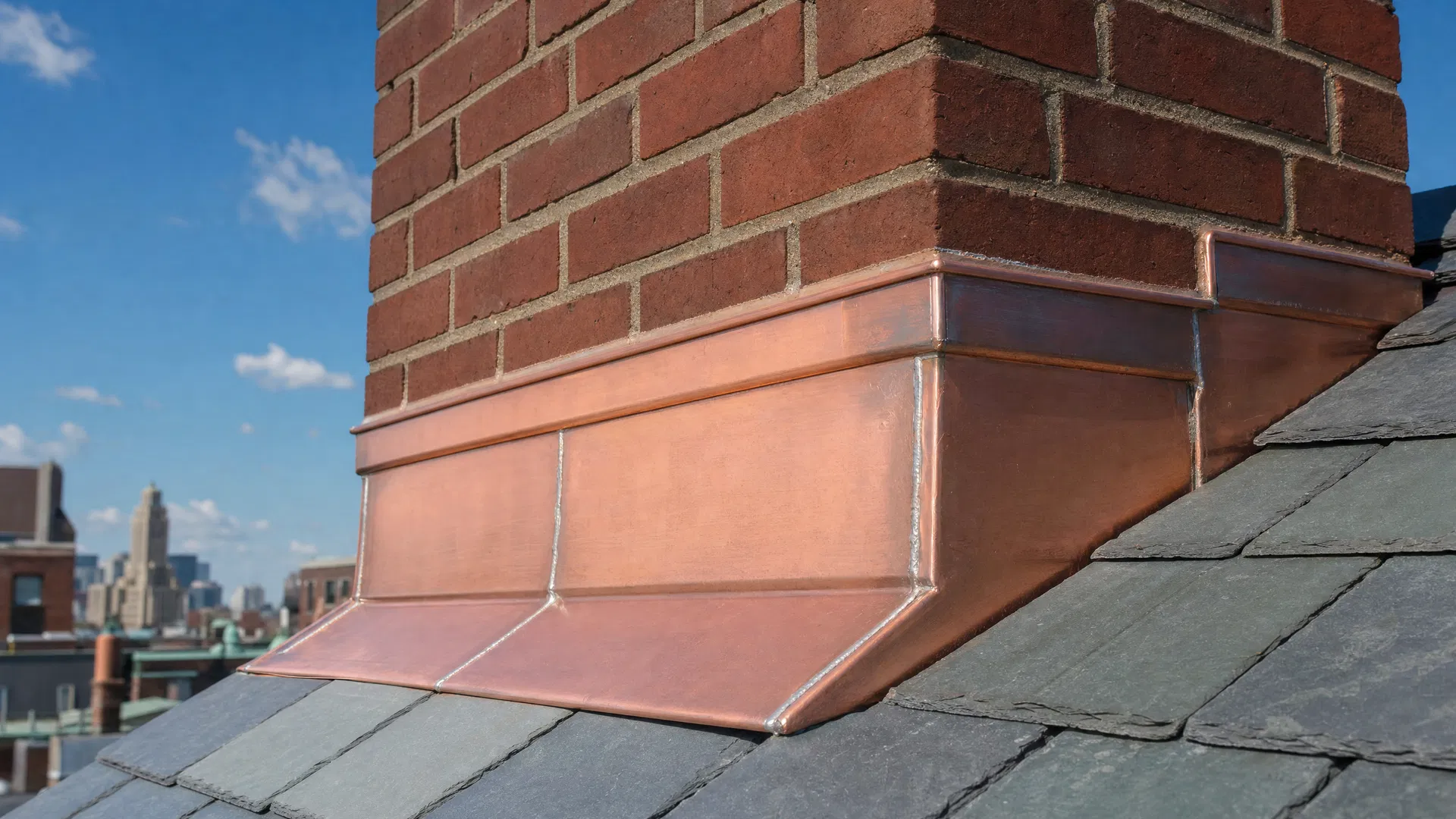 Perfectly installed copper chimney flashing on a Boston slate roof
