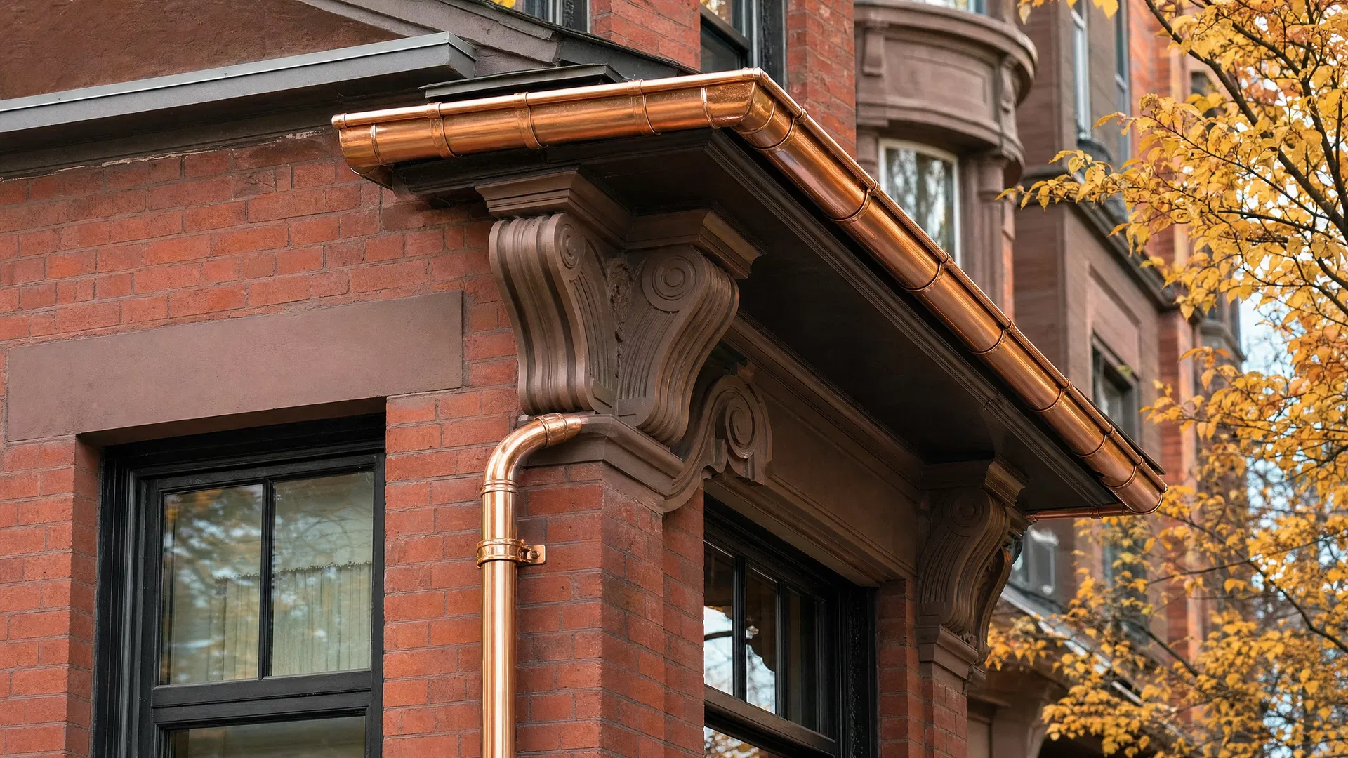 Elegant copper gutter system on a classic Boston brownstone