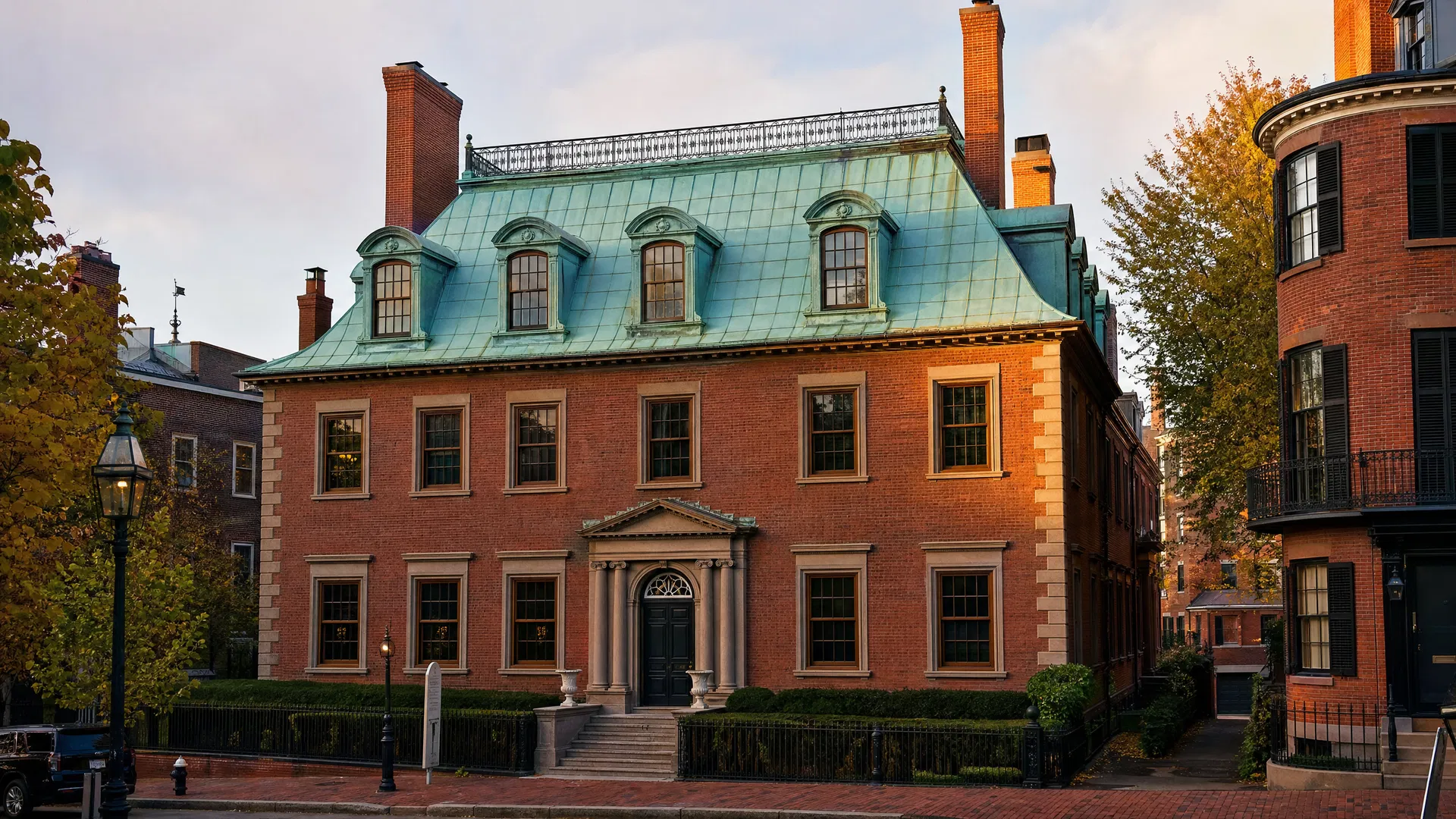 Grand historic Boston mansion with fully copper-clad roof and deep patina