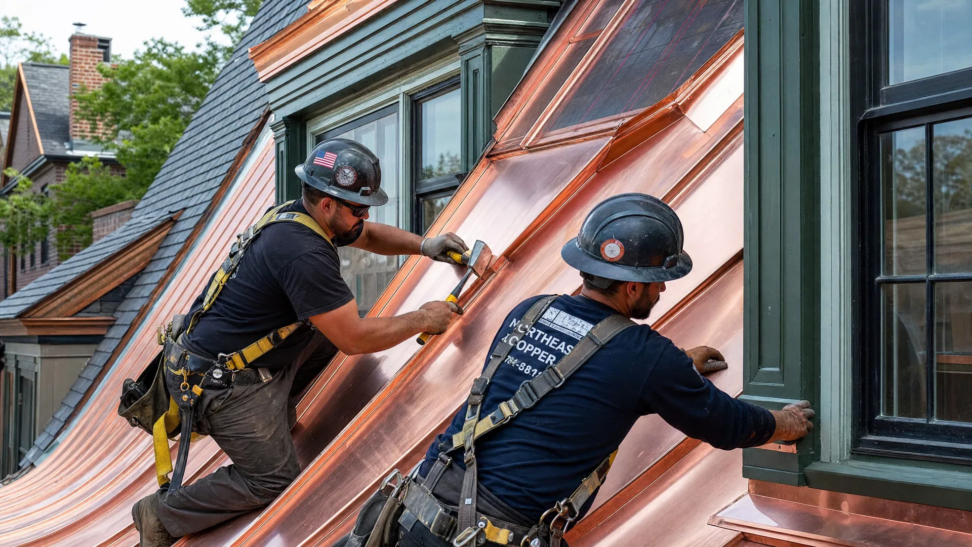 Craftsmen installing new copper roofing panels on a historic Boston home