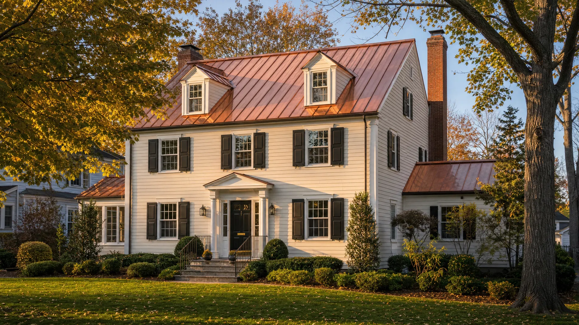 Upscale Newton MA colonial home with full copper roof and mature trees
