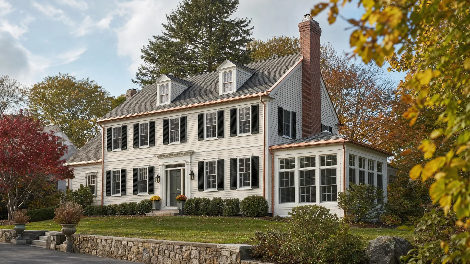 Classic New England home in Quincy MA with copper chimney flashing and gutters
